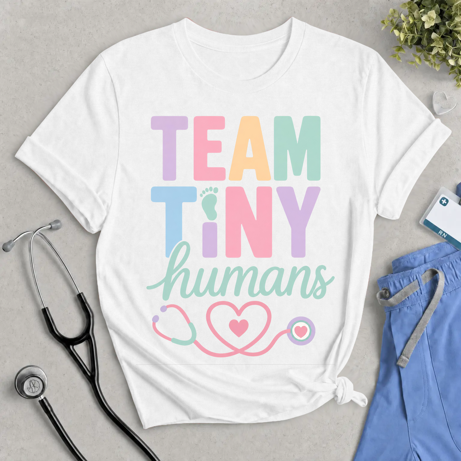 Team Tiny Humans T-Shirt — Pastel Baby Nurse Stethoscope Tee