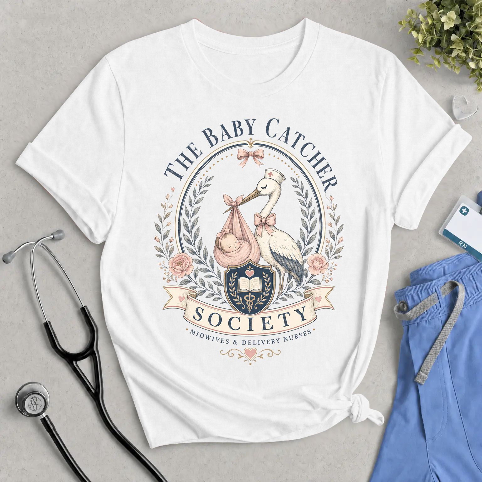 The Baby Catcher Society Tee — Maternity/Delivery Nurse Stork Graphic T-Shirt