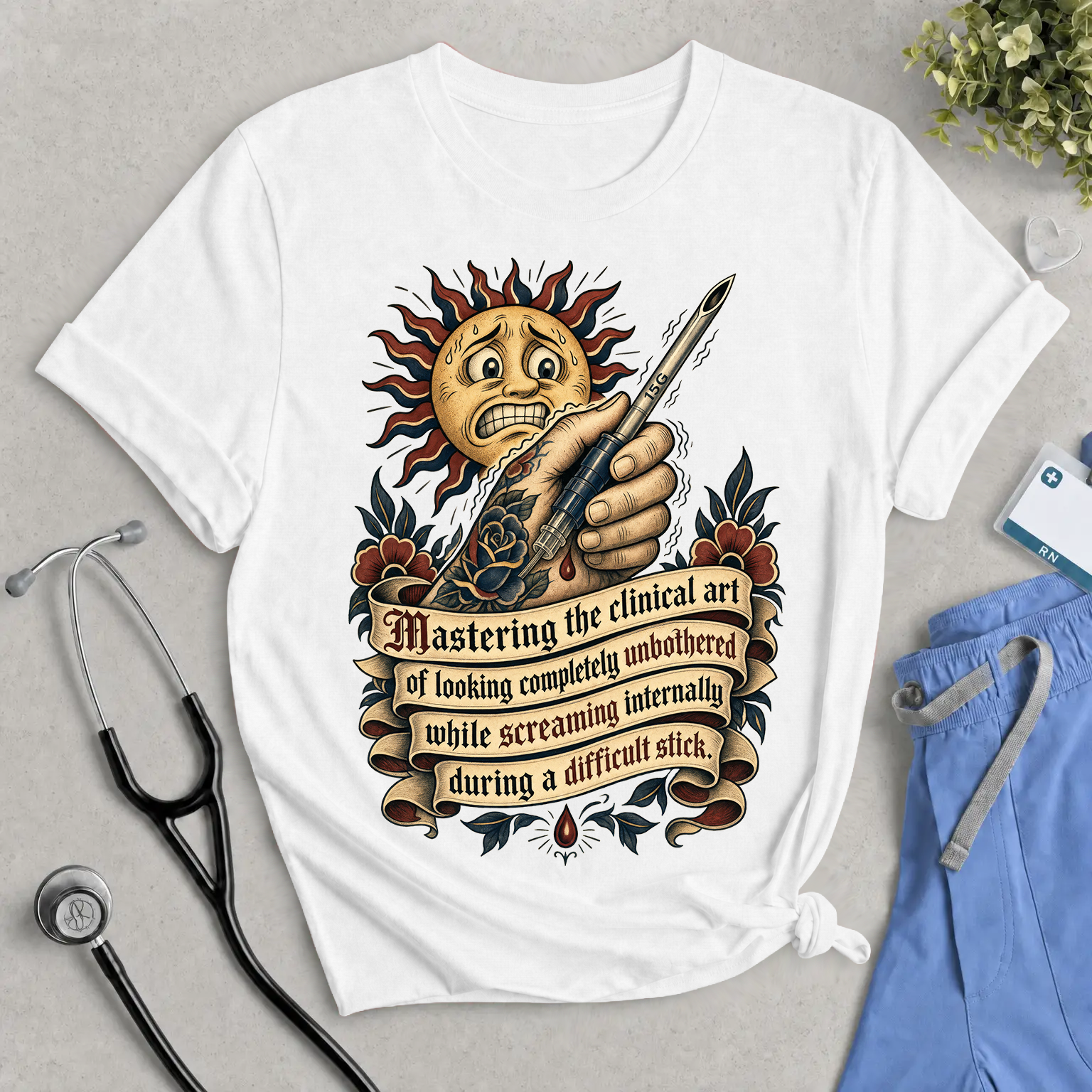The Difficult Stick Dialysis Nurse T-Shirt - Funny Tattoo Style Cannulation Tee