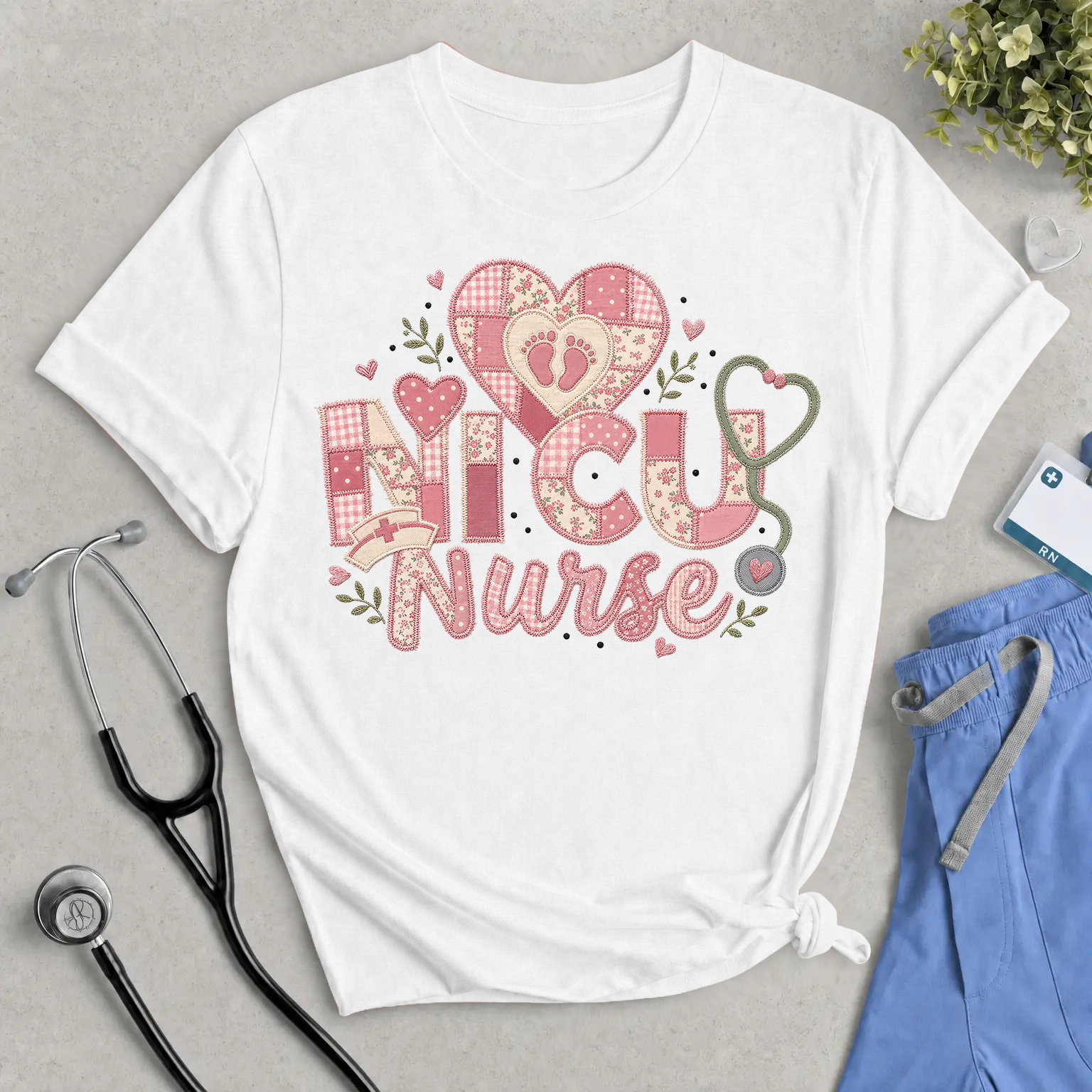 NICU Nurse Faux Patchwork T‑Shirt — Cute Pink Neonatal Nurse Tee