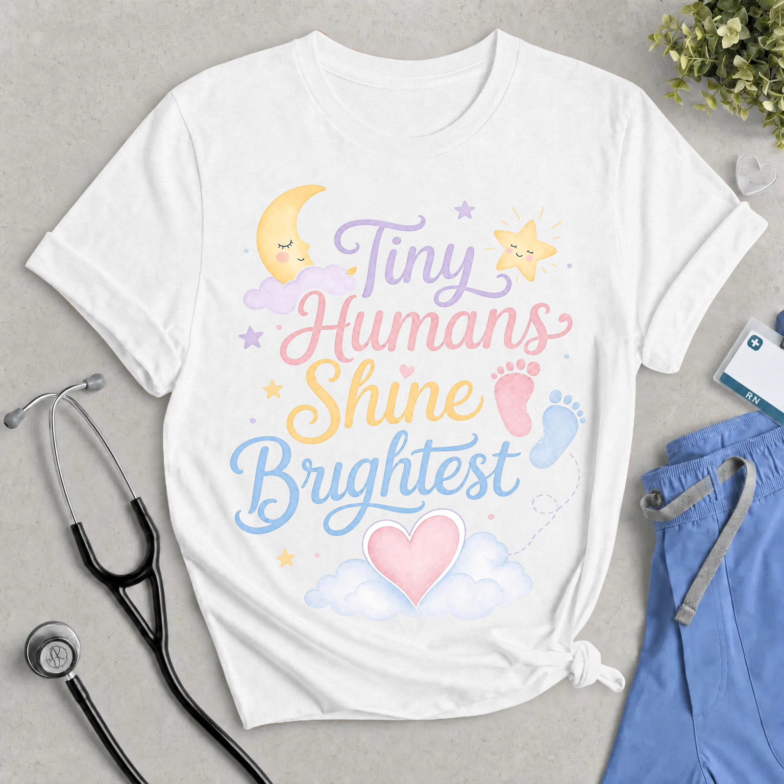 Tiny Humans Shine Brightest T-Shirt - Pastel Watercolor NICU, L&D, & Maternity Nurse Tee