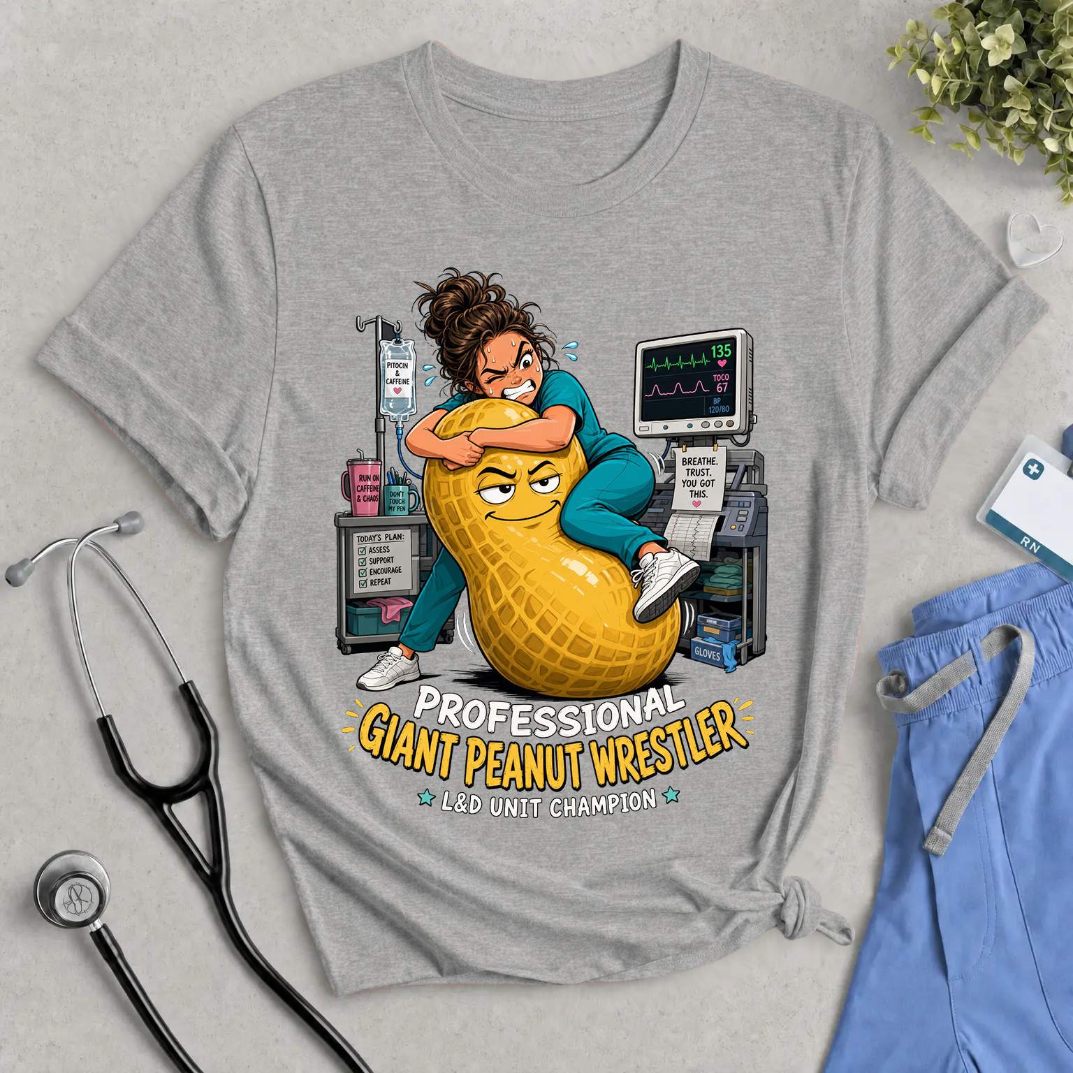 Giant Peanut Wrestler Tee — Funny Nurse & IV Cart Medical Humor Shirt