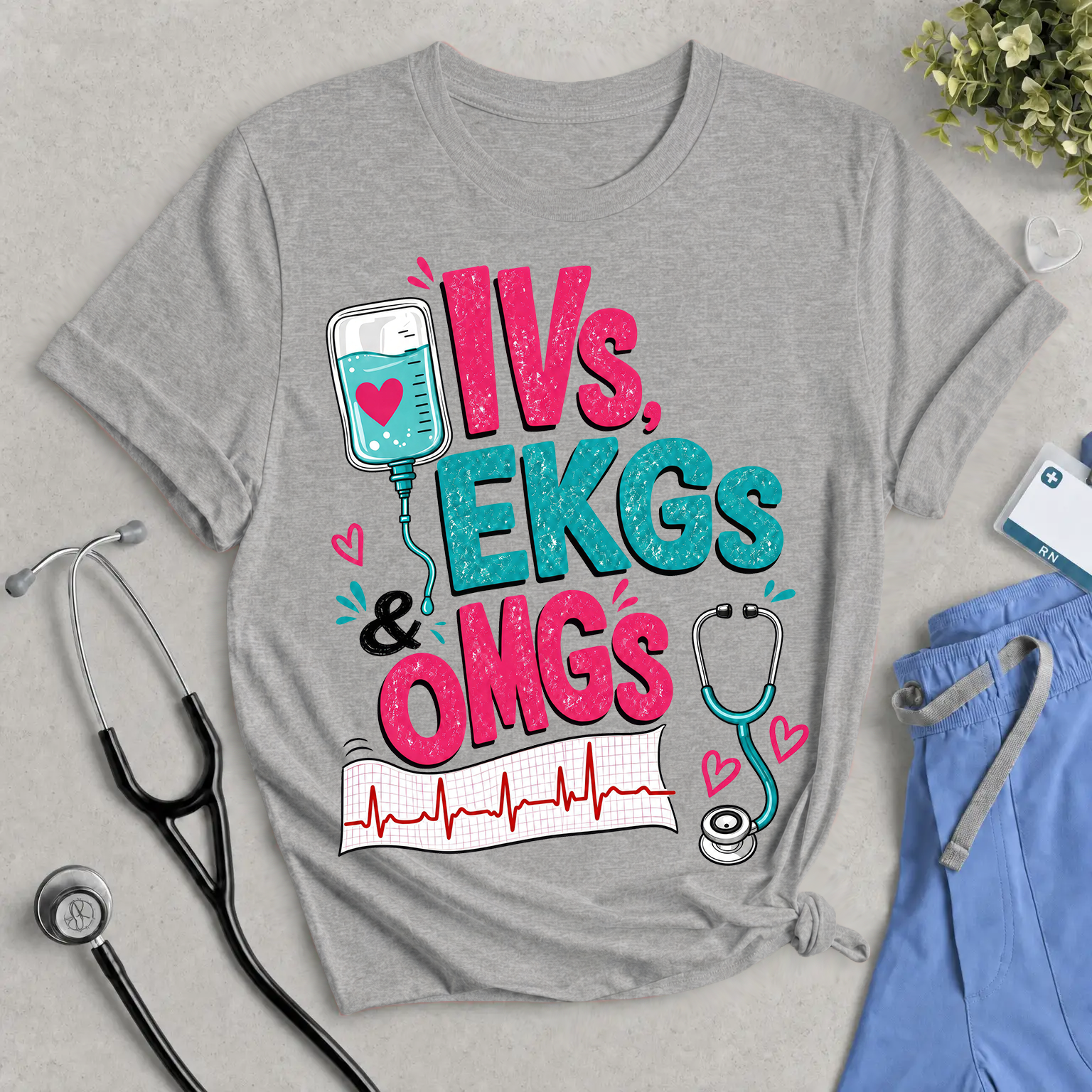 IVs, EKGs & OMGs T-Shirt - Cute & Funny Nurse Life Tee
