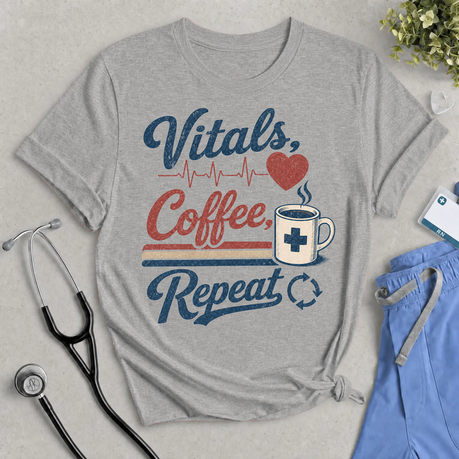 Vitals, Coffee, Repeat T‑Shirt — Nurse & Healthcare Worker Coffee Tee