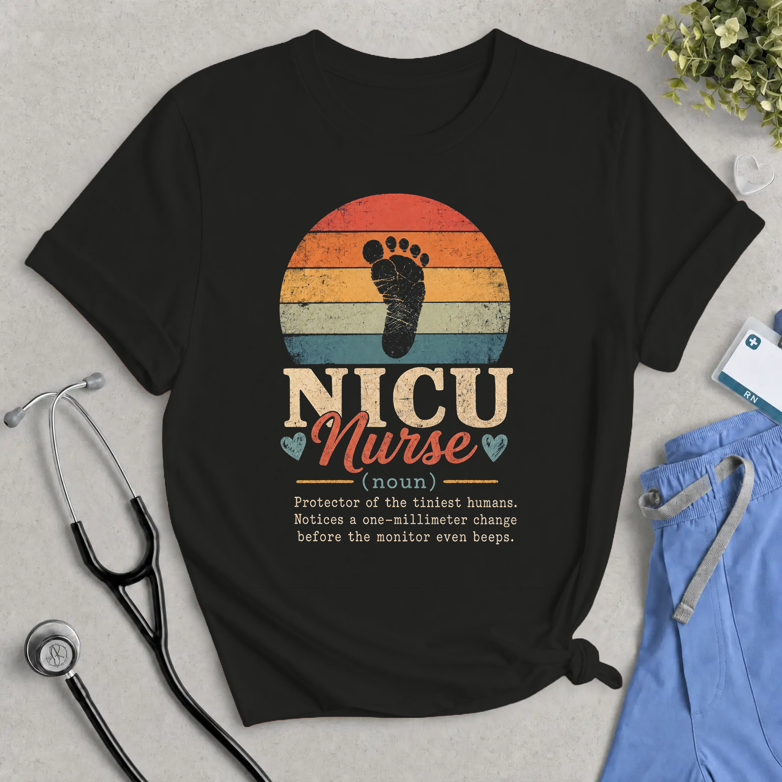NICU Nurse T-Shirt – Vintage Footprint Retro Design for Neonatal Caregivers
