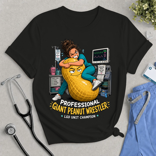 Giant Peanut Wrestler Tee — Funny Nurse & IV Cart Medical Humor Shirt