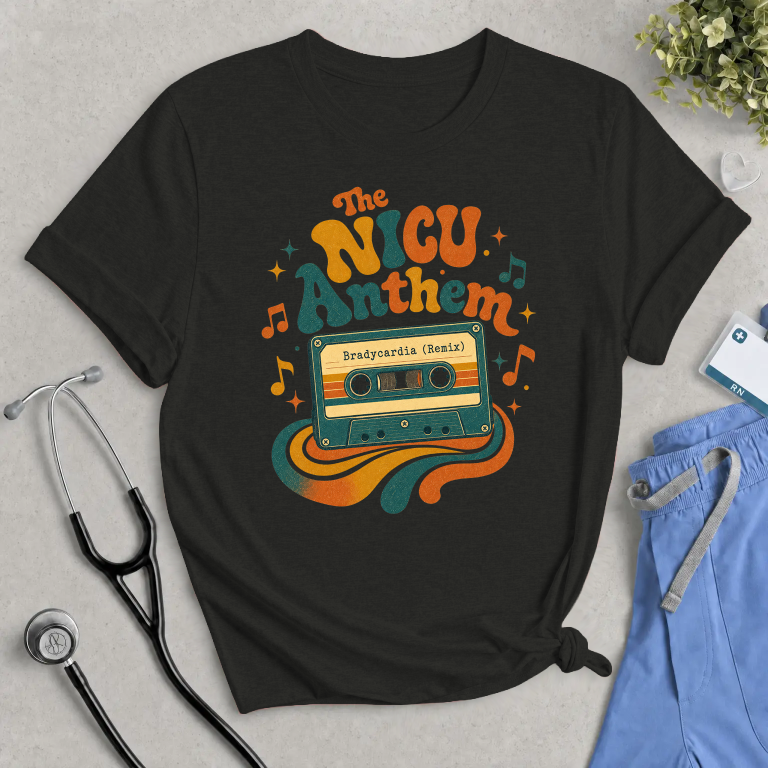 NICU Anthem Tee — Bradycardia Remix Retro Cassette Neon Music Shirt for NICU Nurses