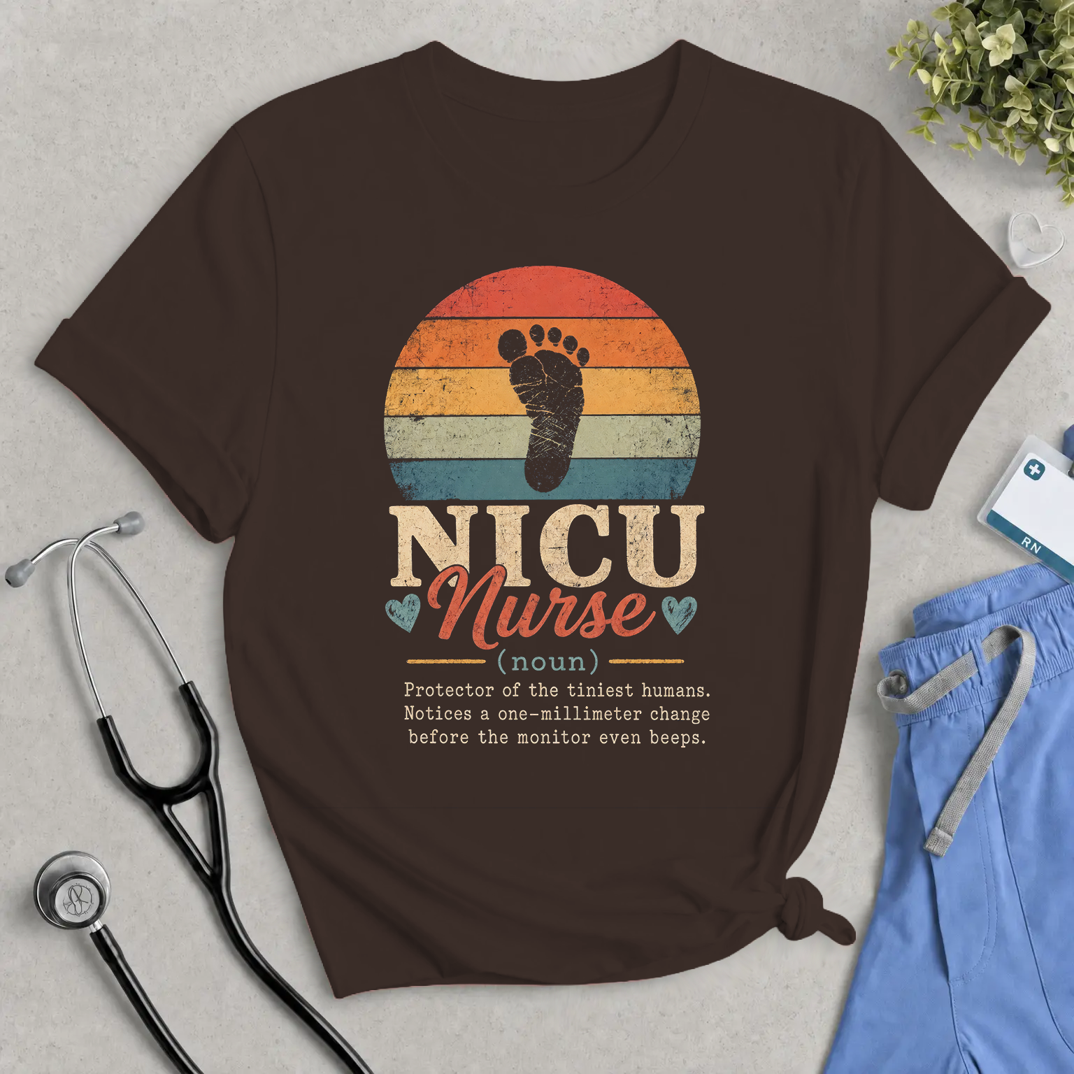 NICU Nurse T-Shirt – Vintage Footprint Retro Design for Neonatal Caregivers
