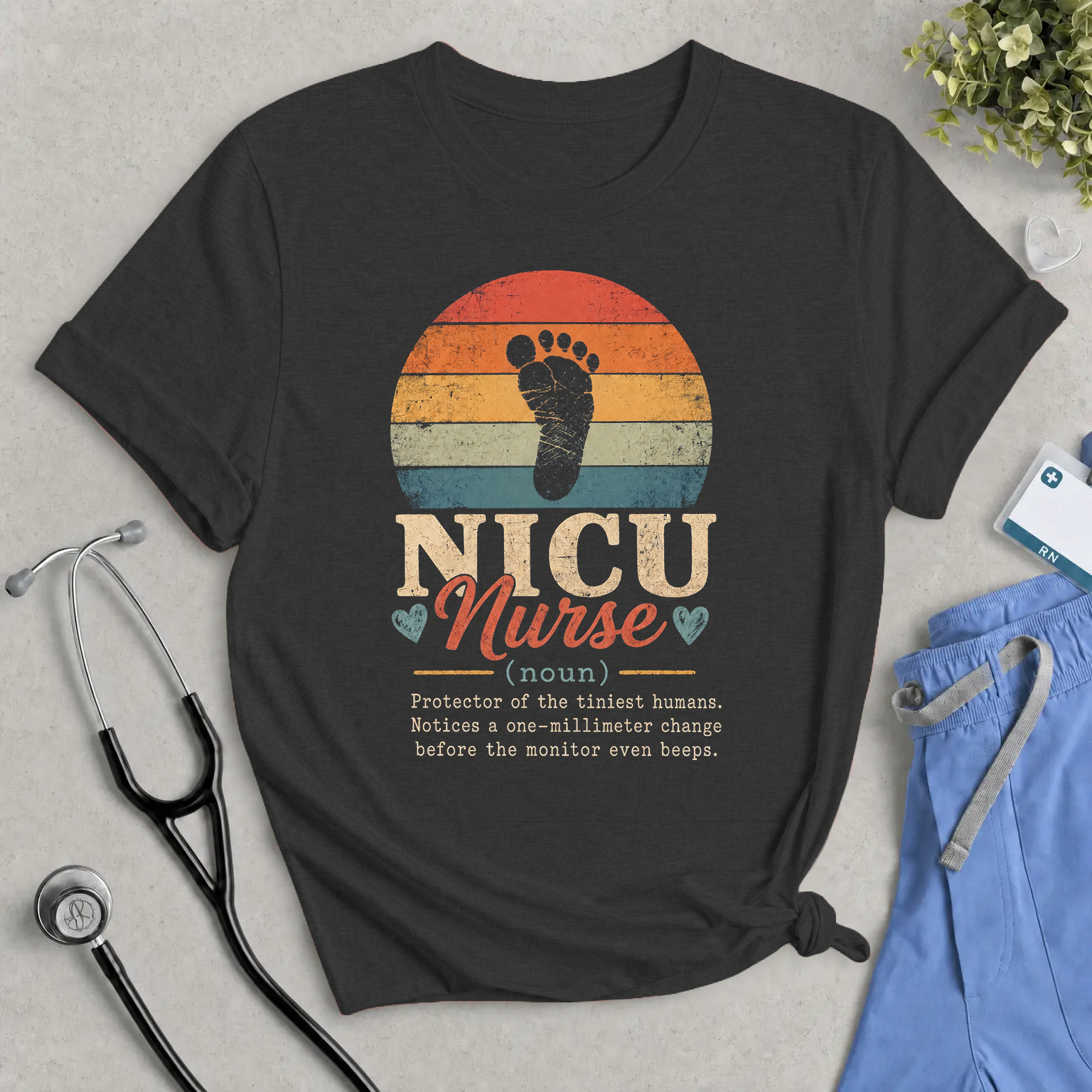 NICU Nurse T-Shirt – Vintage Footprint Retro Design for Neonatal Caregivers