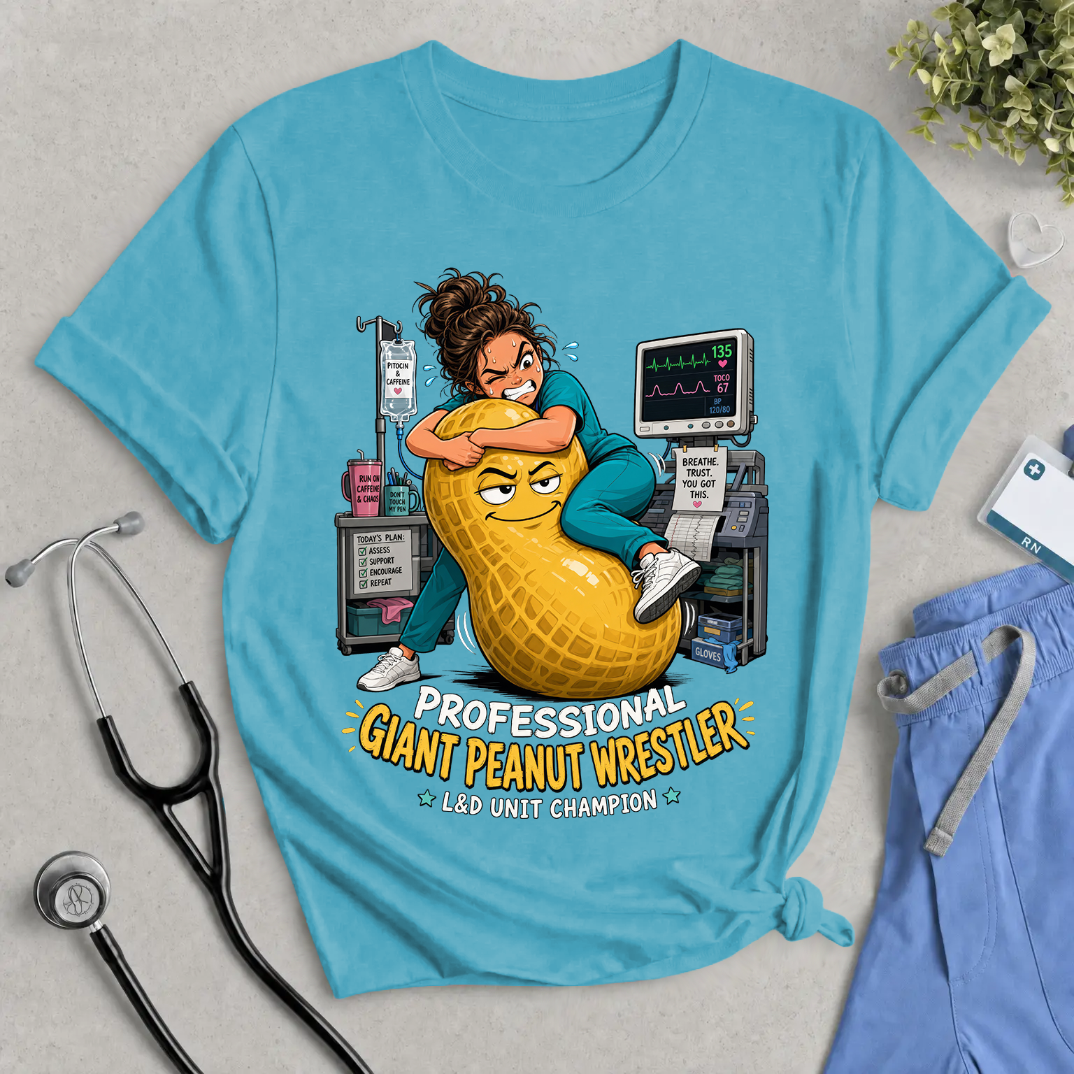 Giant Peanut Wrestler Tee — Funny Nurse & IV Cart Medical Humor Shirt