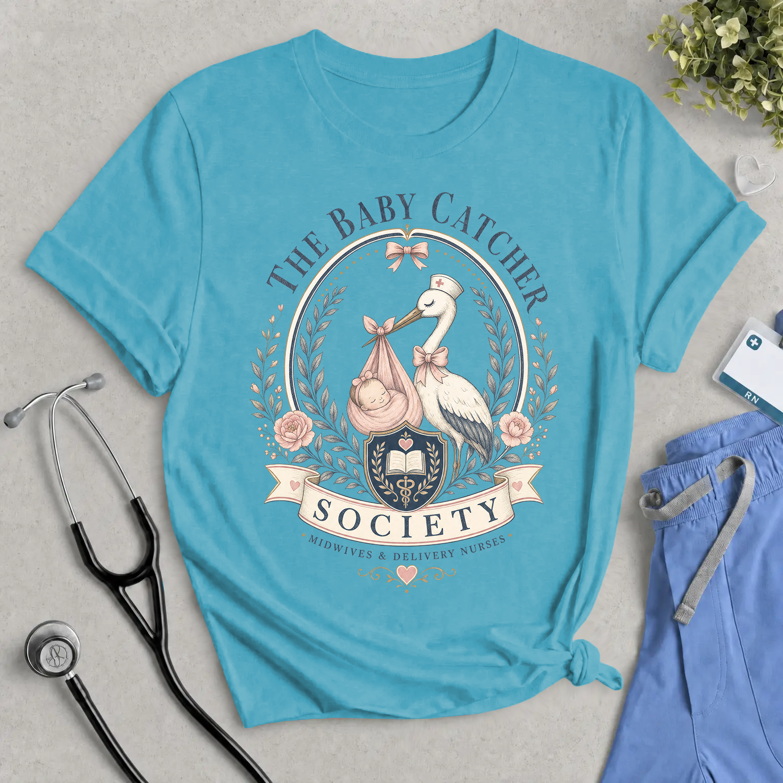 The Baby Catcher Society Tee — Maternity/Delivery Nurse Stork Graphic T-Shirt