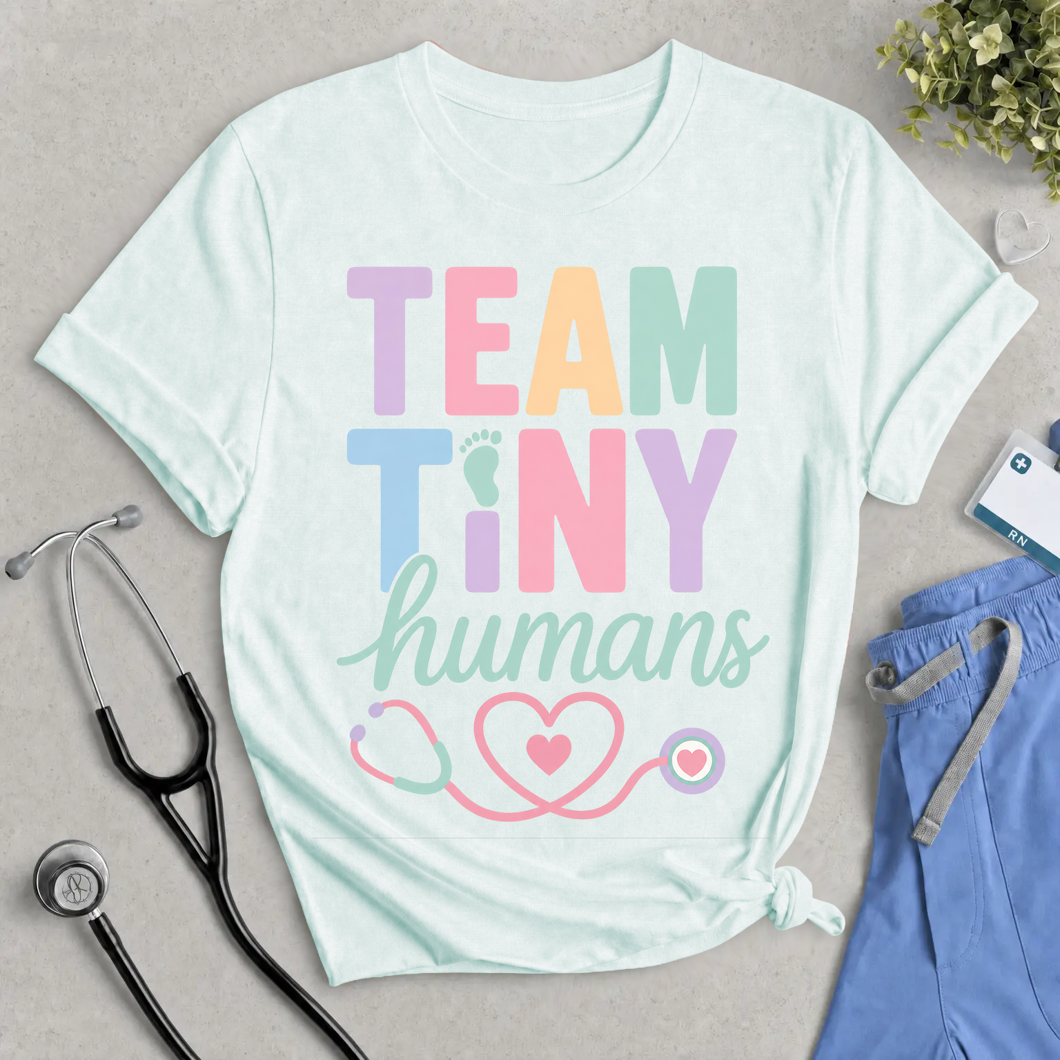 Team Tiny Humans T-Shirt — Pastel Baby Nurse Stethoscope Tee