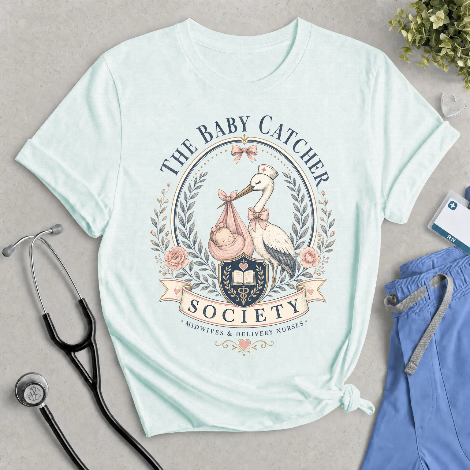 The Baby Catcher Society Tee — Maternity/Delivery Nurse Stork Graphic T-Shirt
