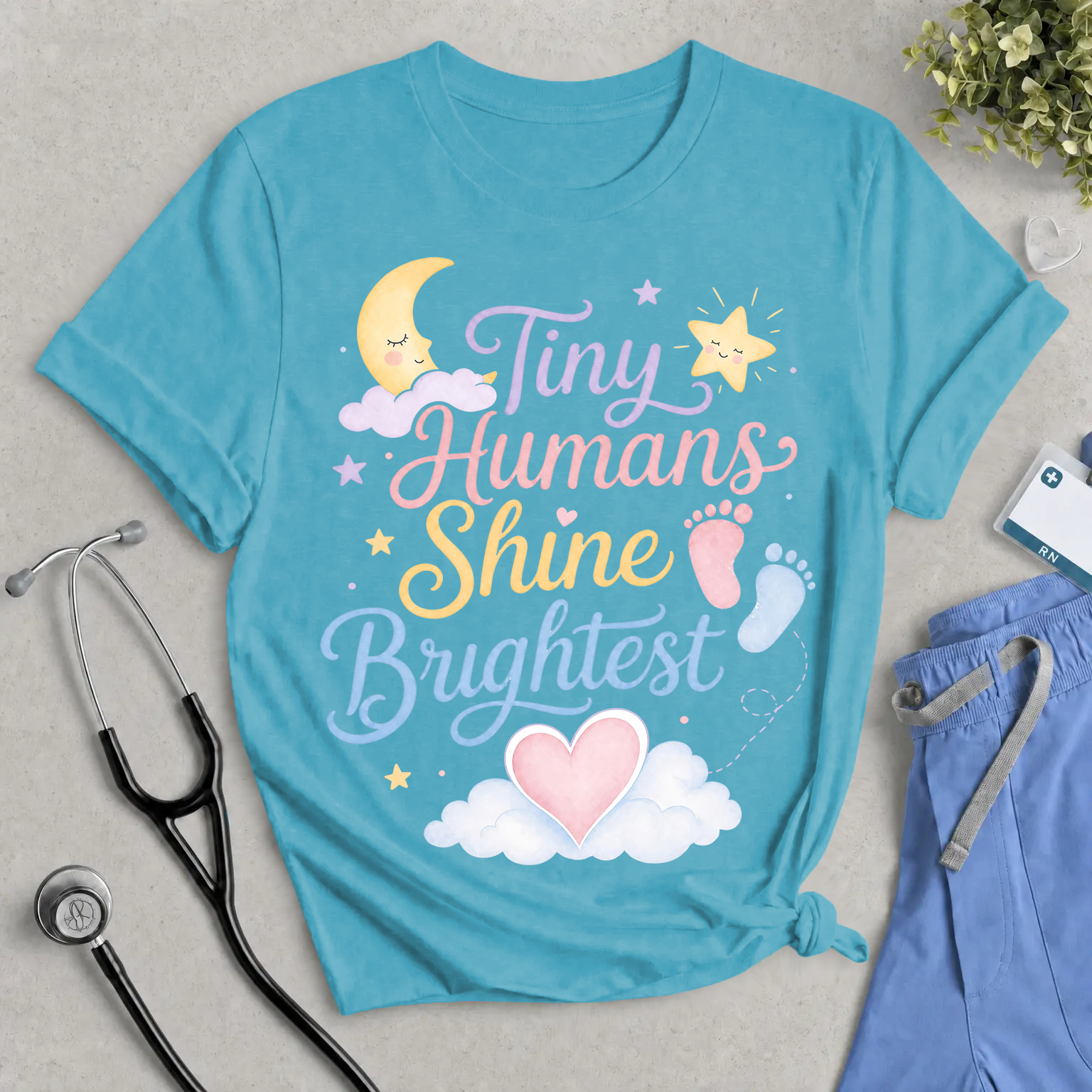 Tiny Humans Shine Brightest T-Shirt - Pastel Watercolor NICU, L&D, & Maternity Nurse Tee