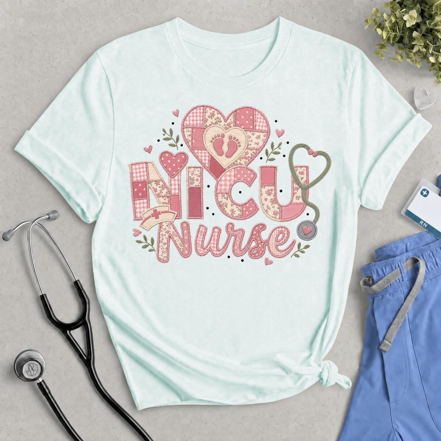 NICU Nurse Faux Patchwork T‑Shirt — Cute Pink Neonatal Nurse Tee