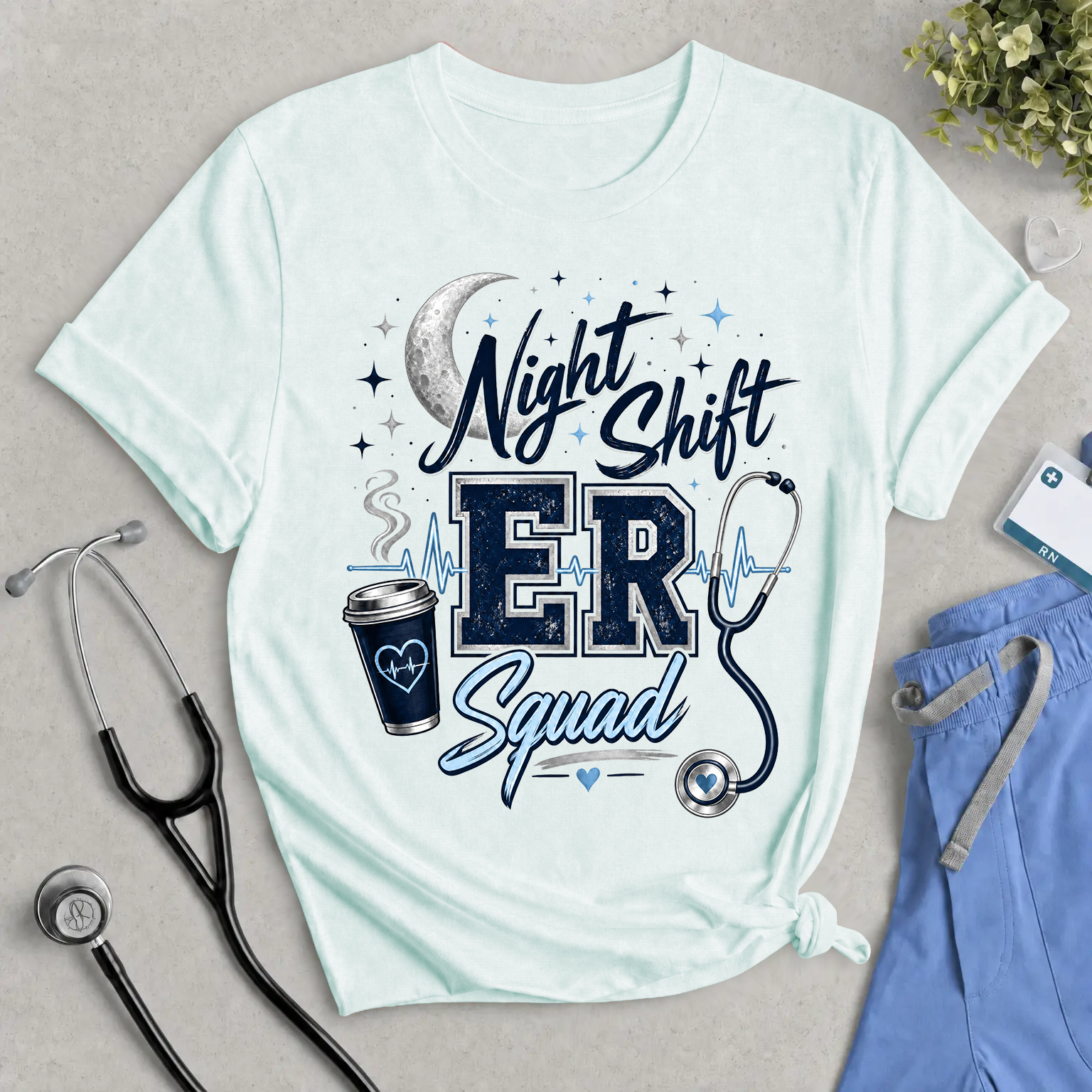 Night Shift ER Squad T-Shirt – Stethoscope & Coffee Nurse/Doctor Tee
