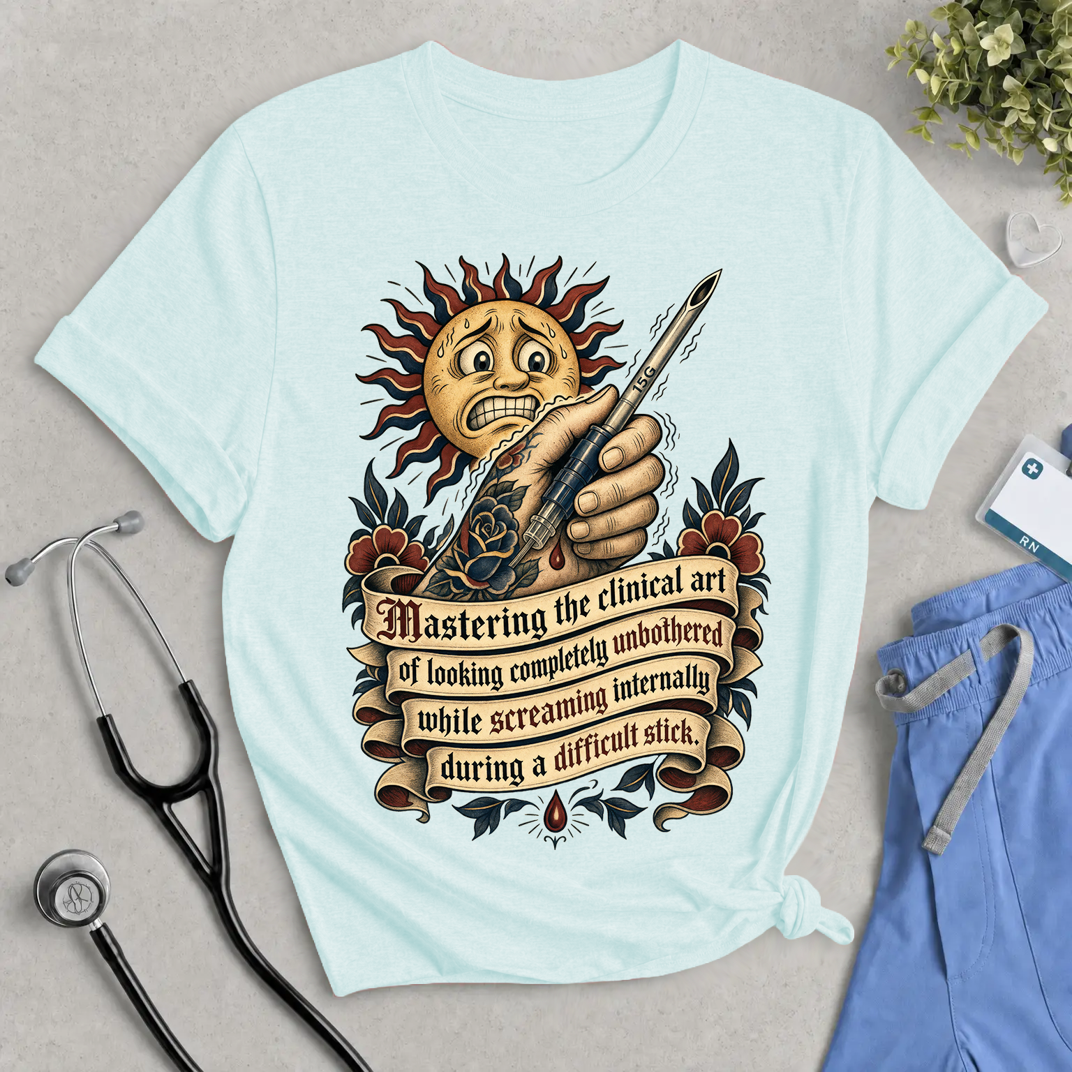 The Difficult Stick Dialysis Nurse T-Shirt - Funny Tattoo Style Cannulation Tee