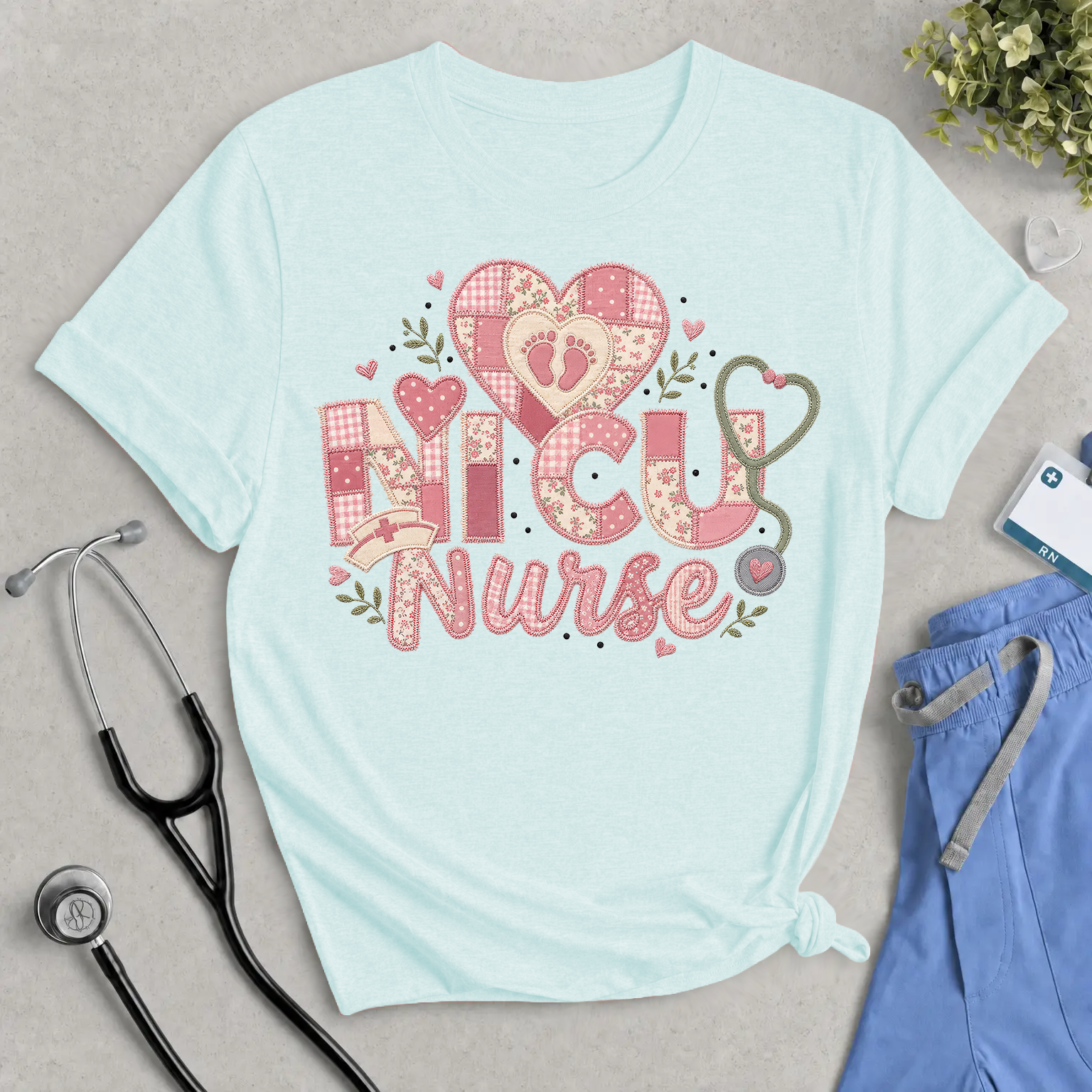 NICU Nurse Faux Patchwork T‑Shirt — Cute Pink Neonatal Nurse Tee