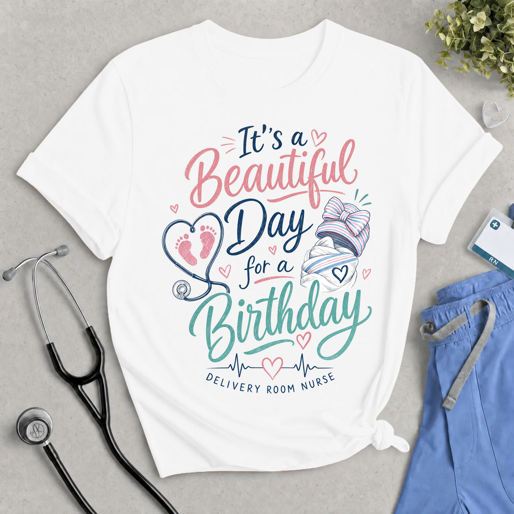 Birthday Nurse T‑Shirt — "It's a Beautiful Day for a Birthday" Delivery Room Tee