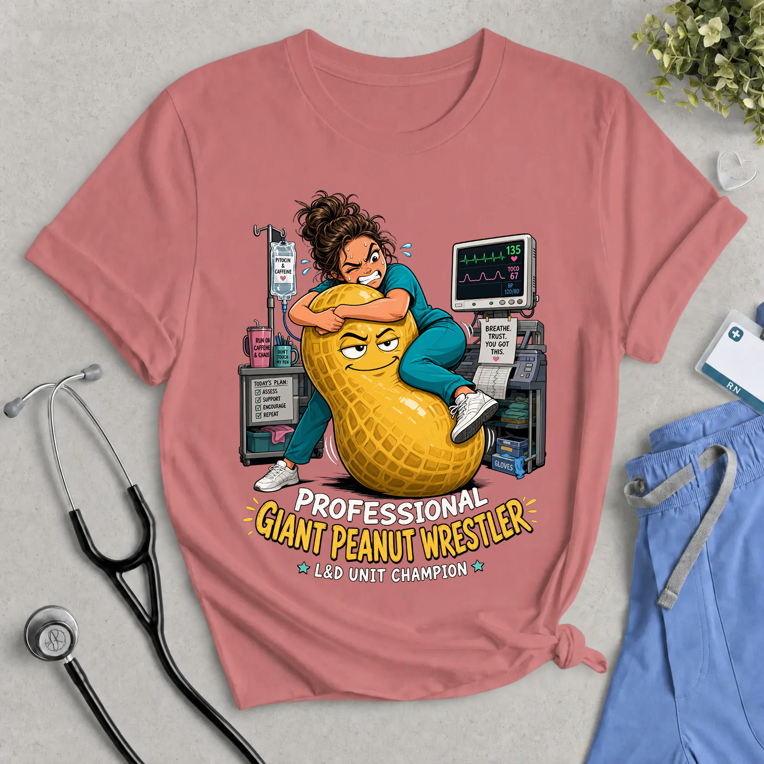 Giant Peanut Wrestler Tee — Funny Nurse & IV Cart Medical Humor Shirt