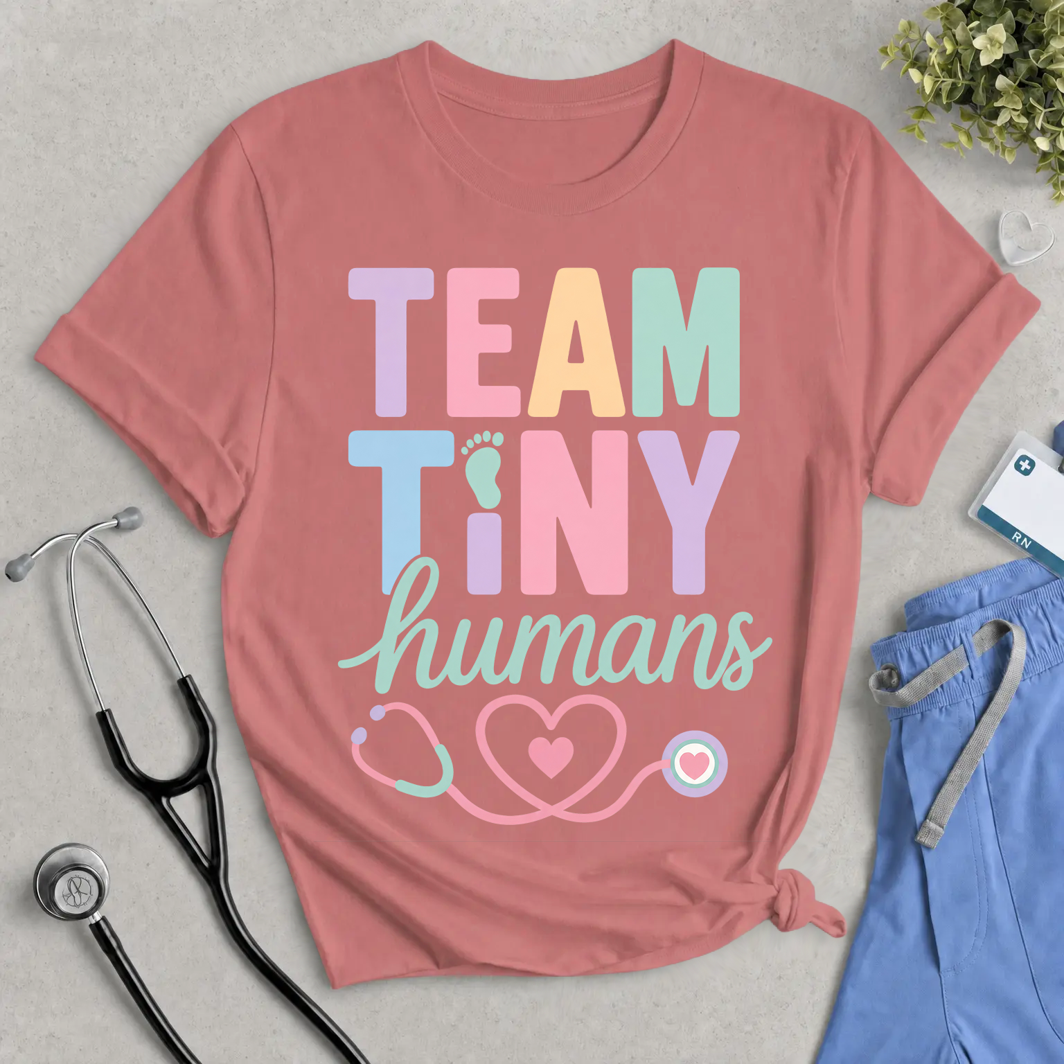 Team Tiny Humans T-Shirt — Pastel Baby Nurse Stethoscope Tee