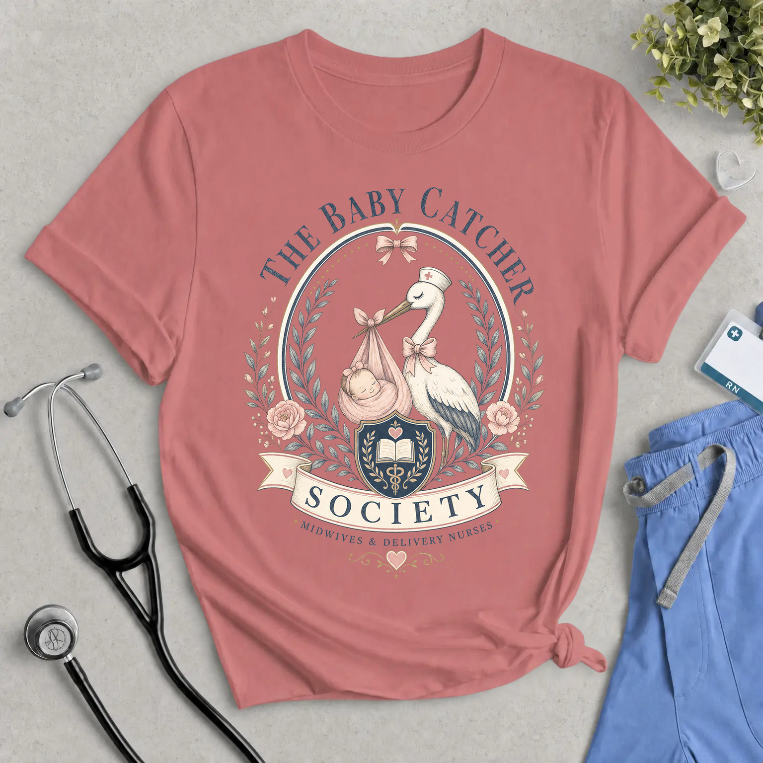 The Baby Catcher Society Tee — Maternity/Delivery Nurse Stork Graphic T-Shirt
