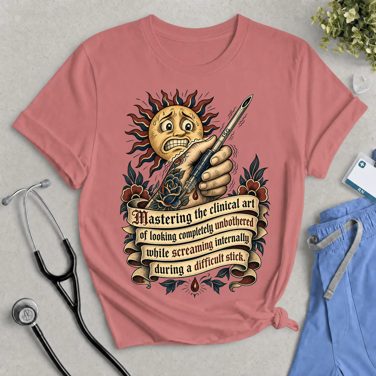 The Difficult Stick Dialysis Nurse T-Shirt - Funny Tattoo Style Cannulation Tee