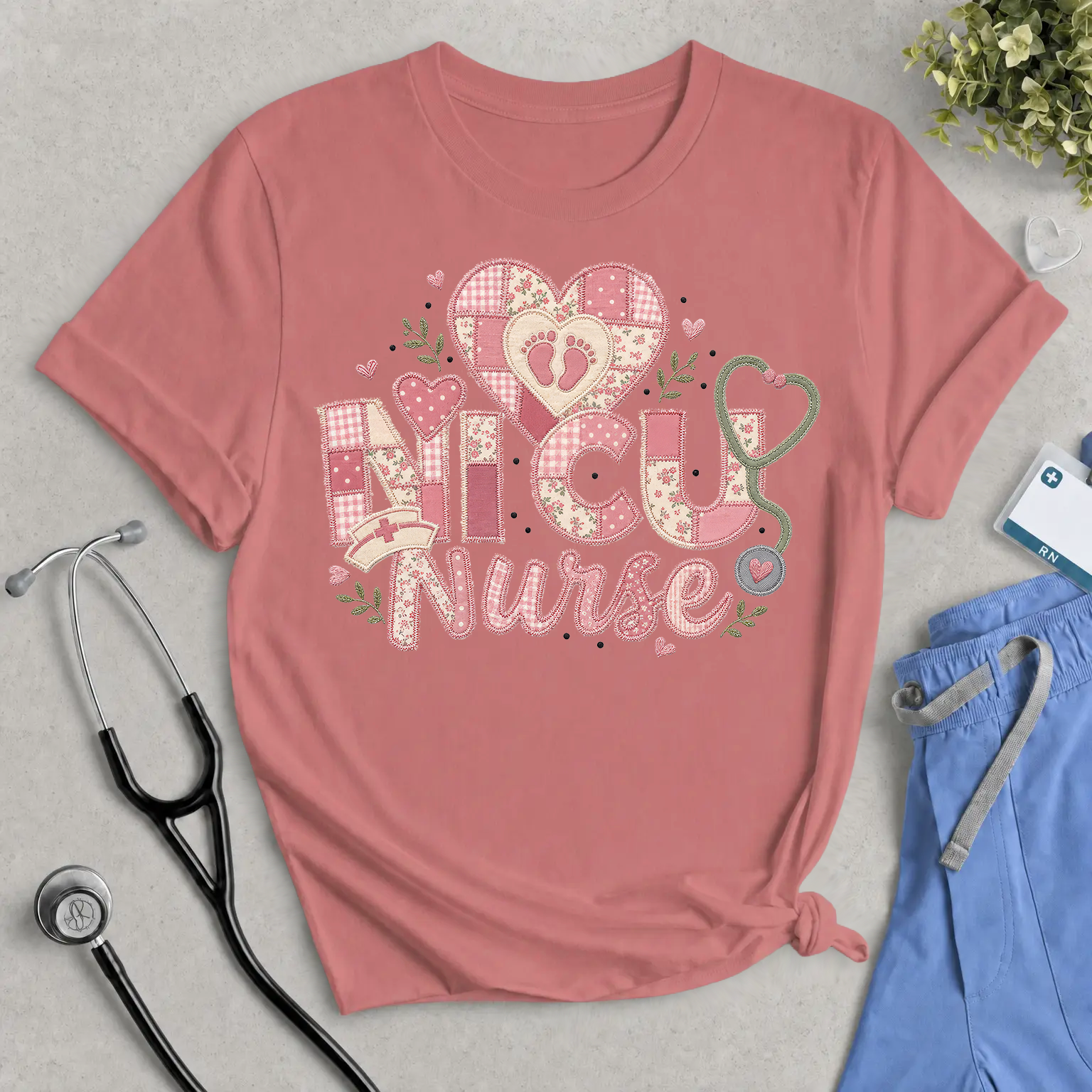 NICU Nurse Faux Patchwork T‑Shirt — Cute Pink Neonatal Nurse Tee