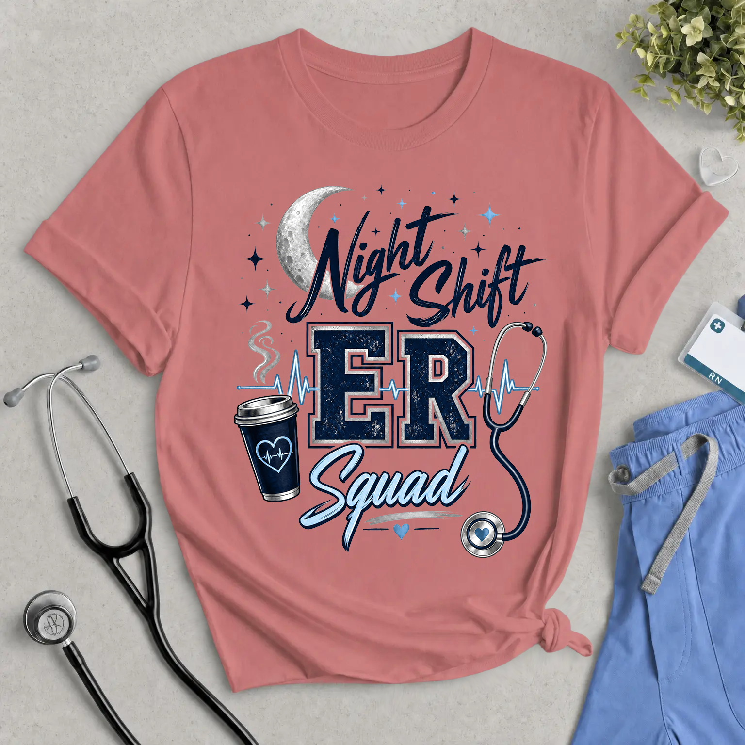 Night Shift ER Squad T-Shirt – Stethoscope & Coffee Nurse/Doctor Tee