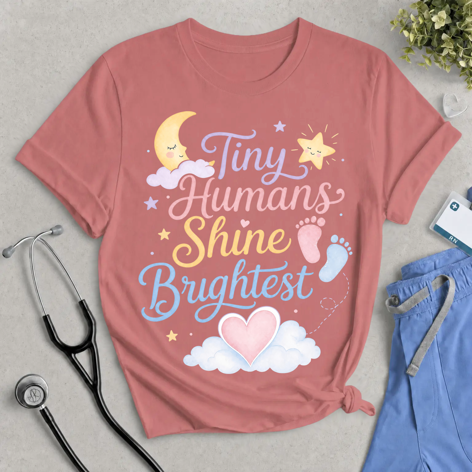 Tiny Humans Shine Brightest T-Shirt - Pastel Watercolor NICU, L&D, & Maternity Nurse Tee