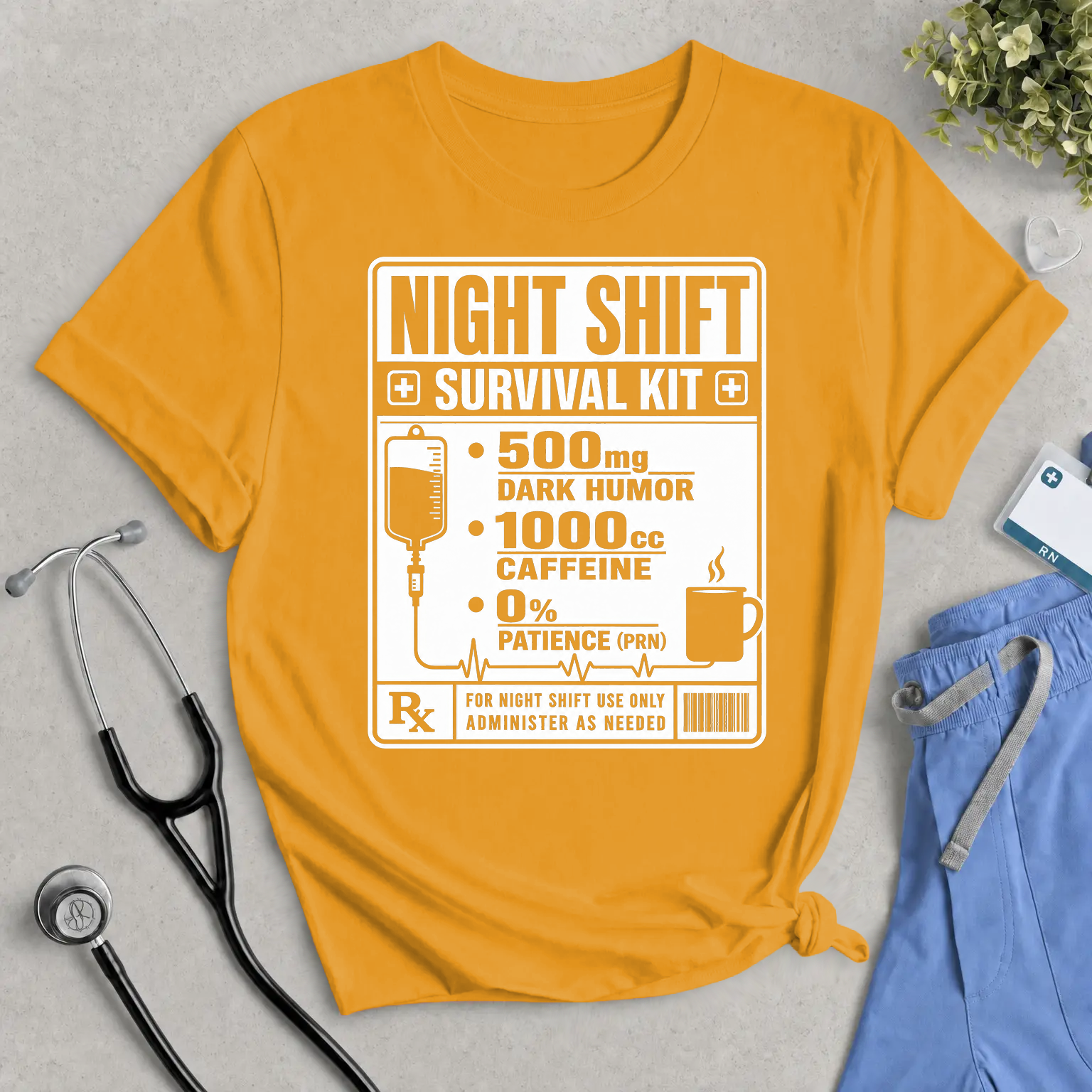 Night Shift Survival Kit T-Shirt – Funny Nurse & Healthcare Worker Tee (500mg Dark Humor, 1000cc Caffeine)