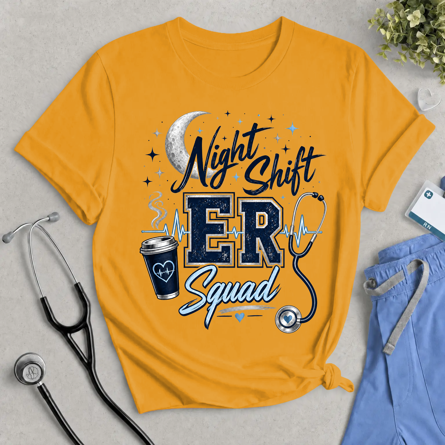 Night Shift ER Squad T-Shirt – Stethoscope & Coffee Nurse/Doctor Tee