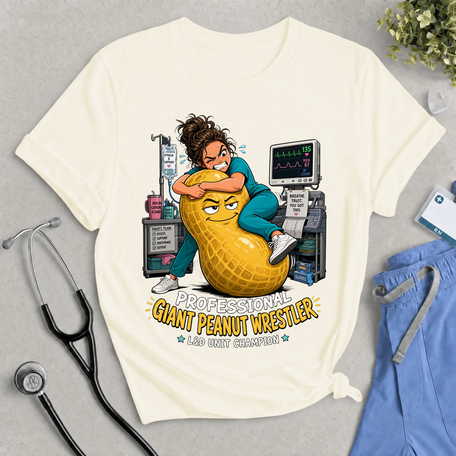 Giant Peanut Wrestler Tee — Funny Nurse & IV Cart Medical Humor Shirt