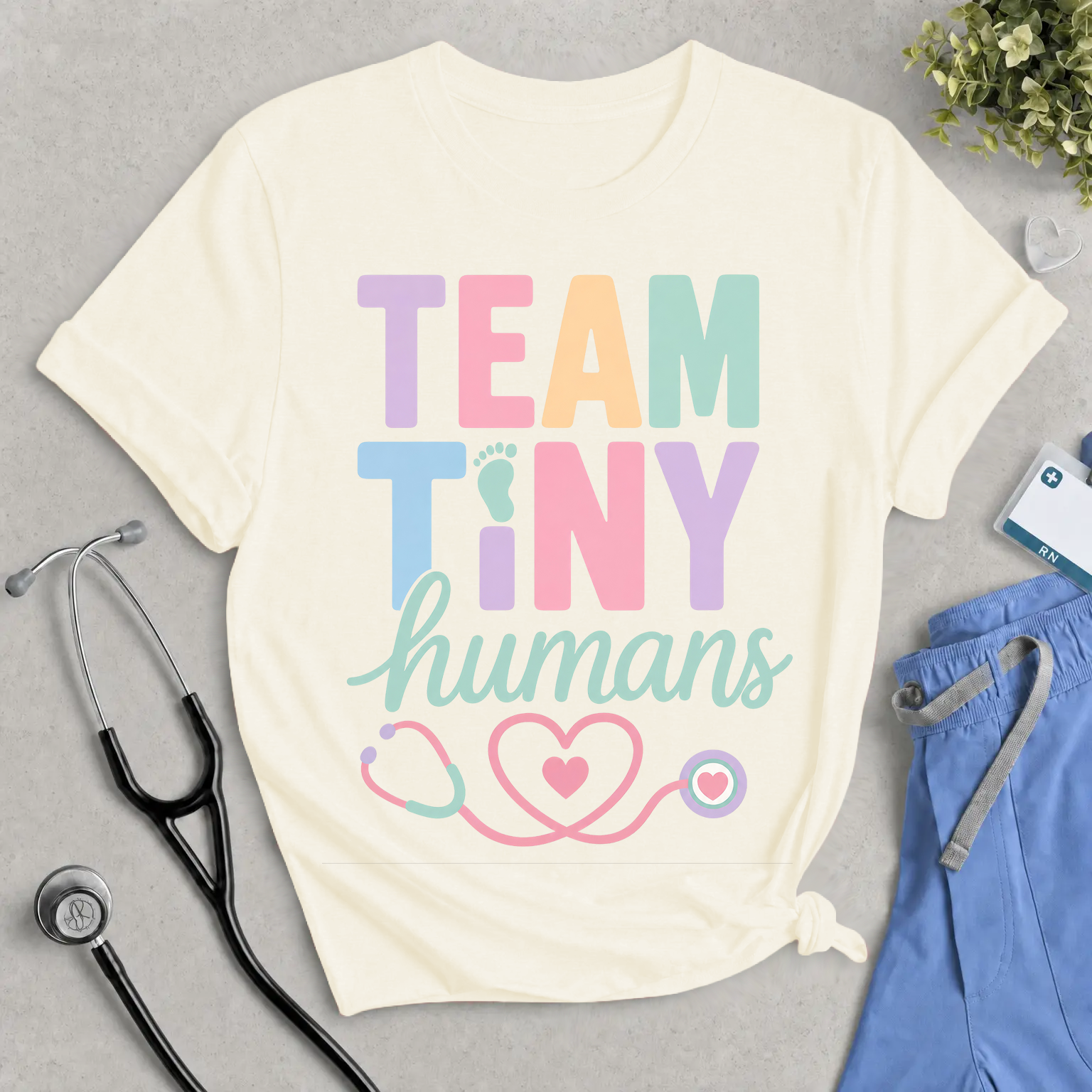 Team Tiny Humans T-Shirt — Pastel Baby Nurse Stethoscope Tee