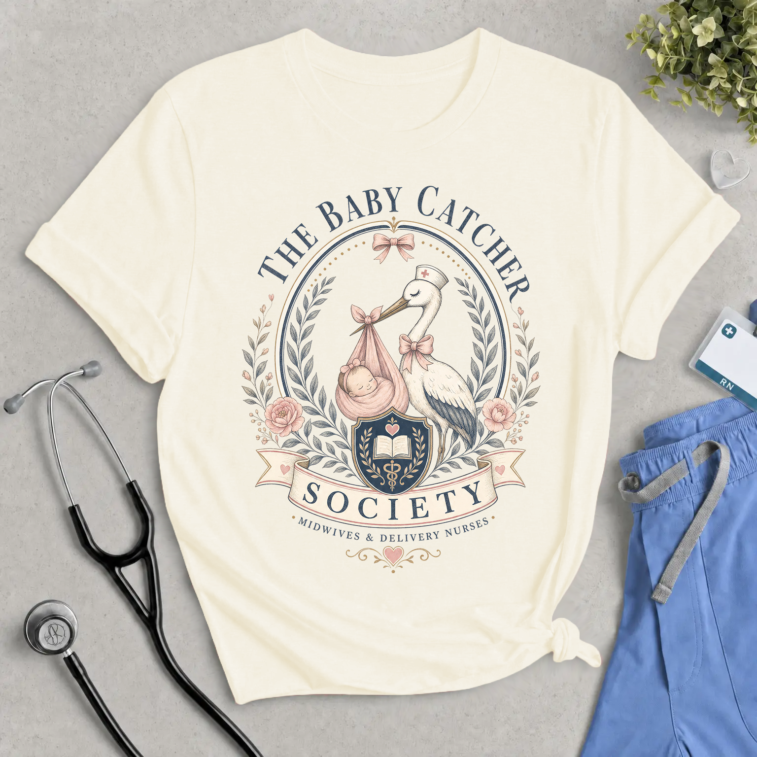 The Baby Catcher Society Tee — Maternity/Delivery Nurse Stork Graphic T-Shirt