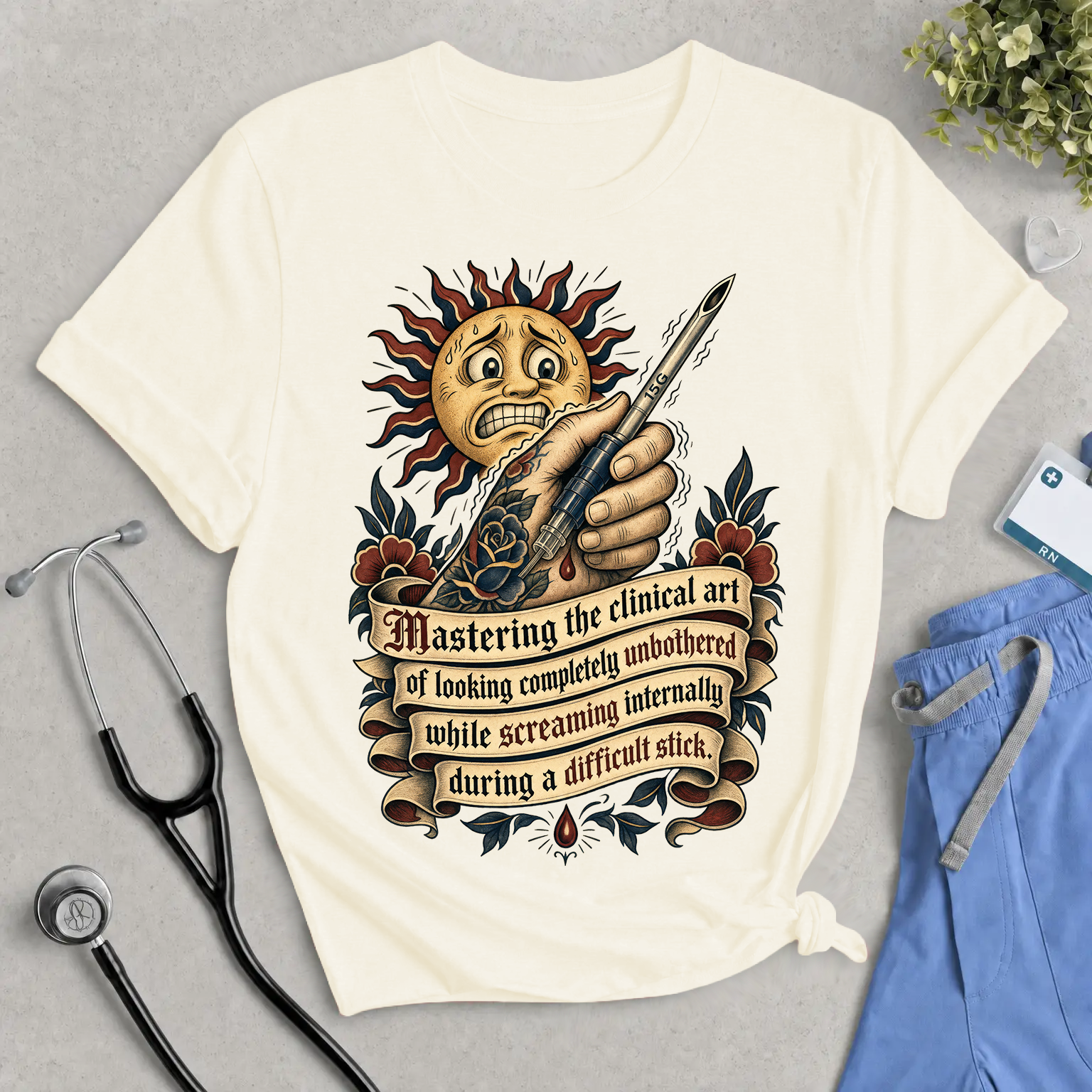 The Difficult Stick Dialysis Nurse T-Shirt - Funny Tattoo Style Cannulation Tee