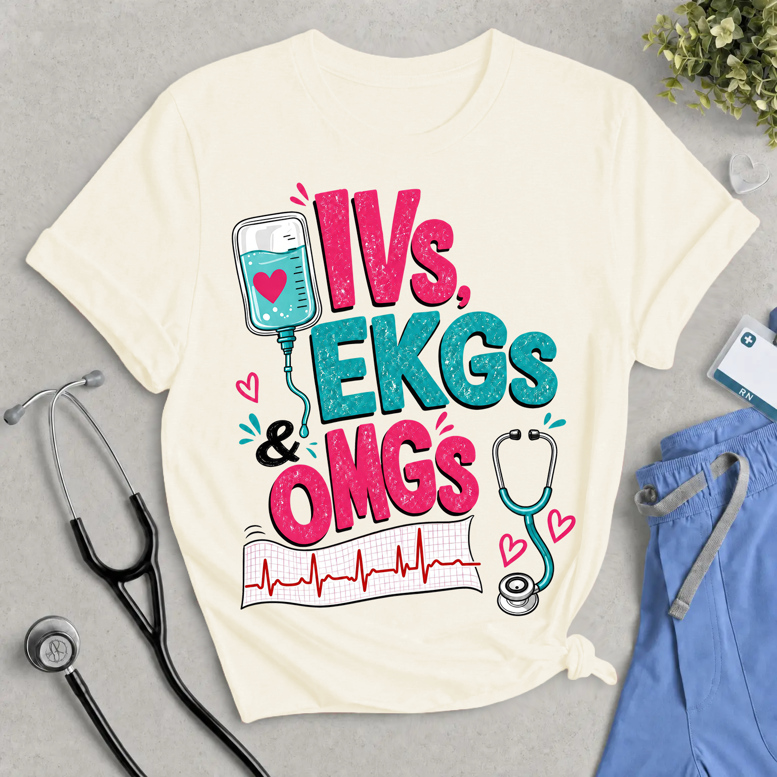IVs, EKGs & OMGs T-Shirt - Cute & Funny Nurse Life Tee