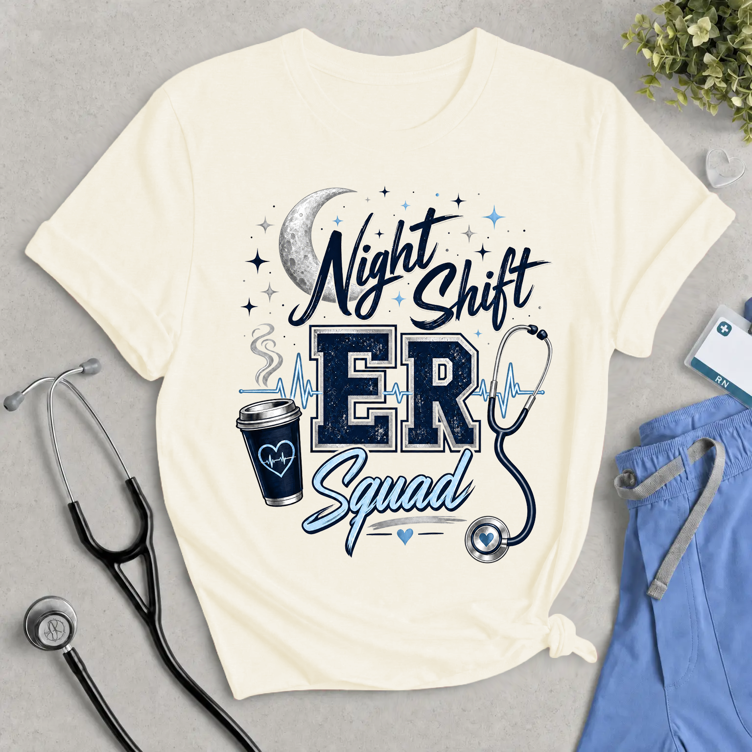 Night Shift ER Squad T-Shirt – Stethoscope & Coffee Nurse/Doctor Tee