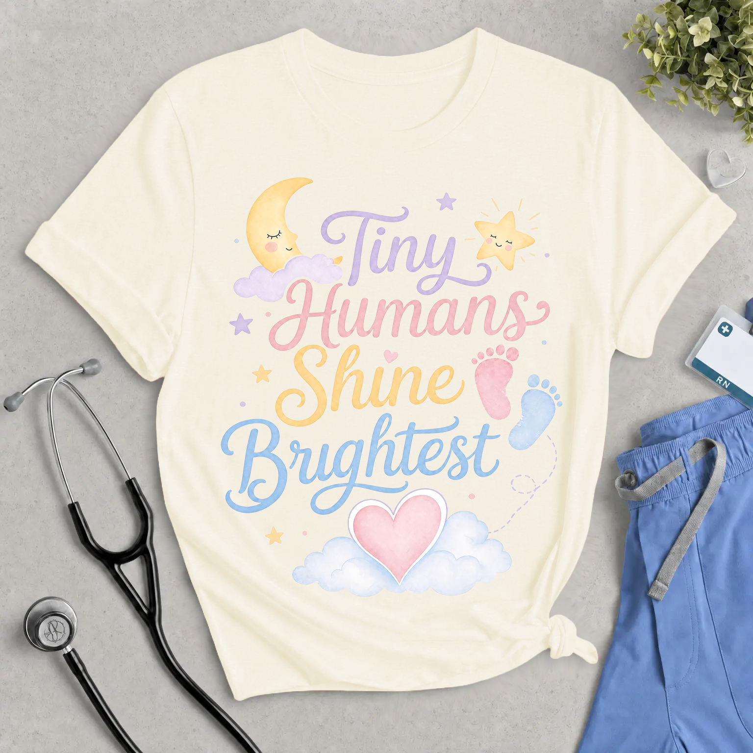 Tiny Humans Shine Brightest T-Shirt - Pastel Watercolor NICU, L&D, & Maternity Nurse Tee