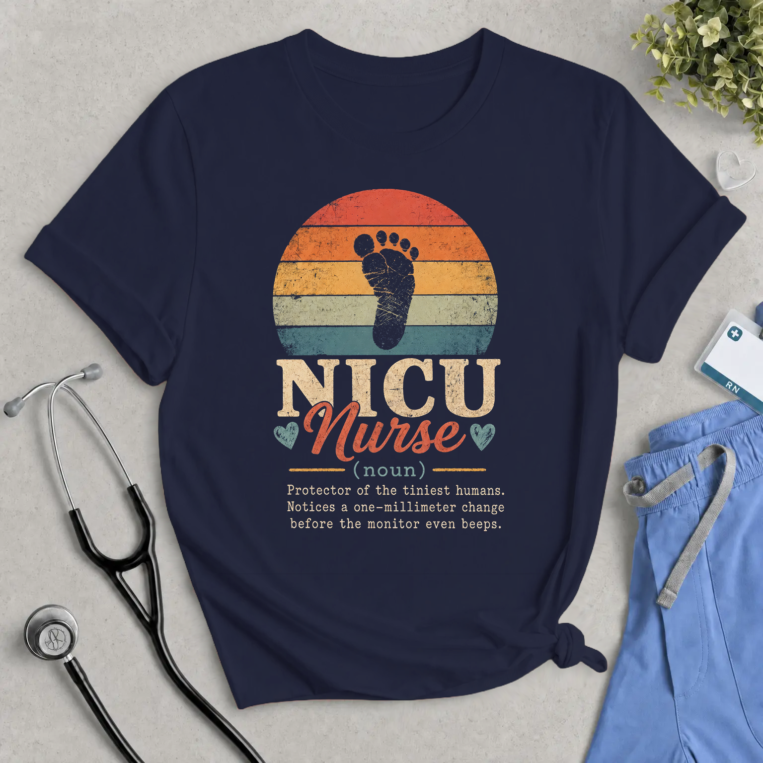 NICU Nurse T-Shirt – Vintage Footprint Retro Design for Neonatal Caregivers