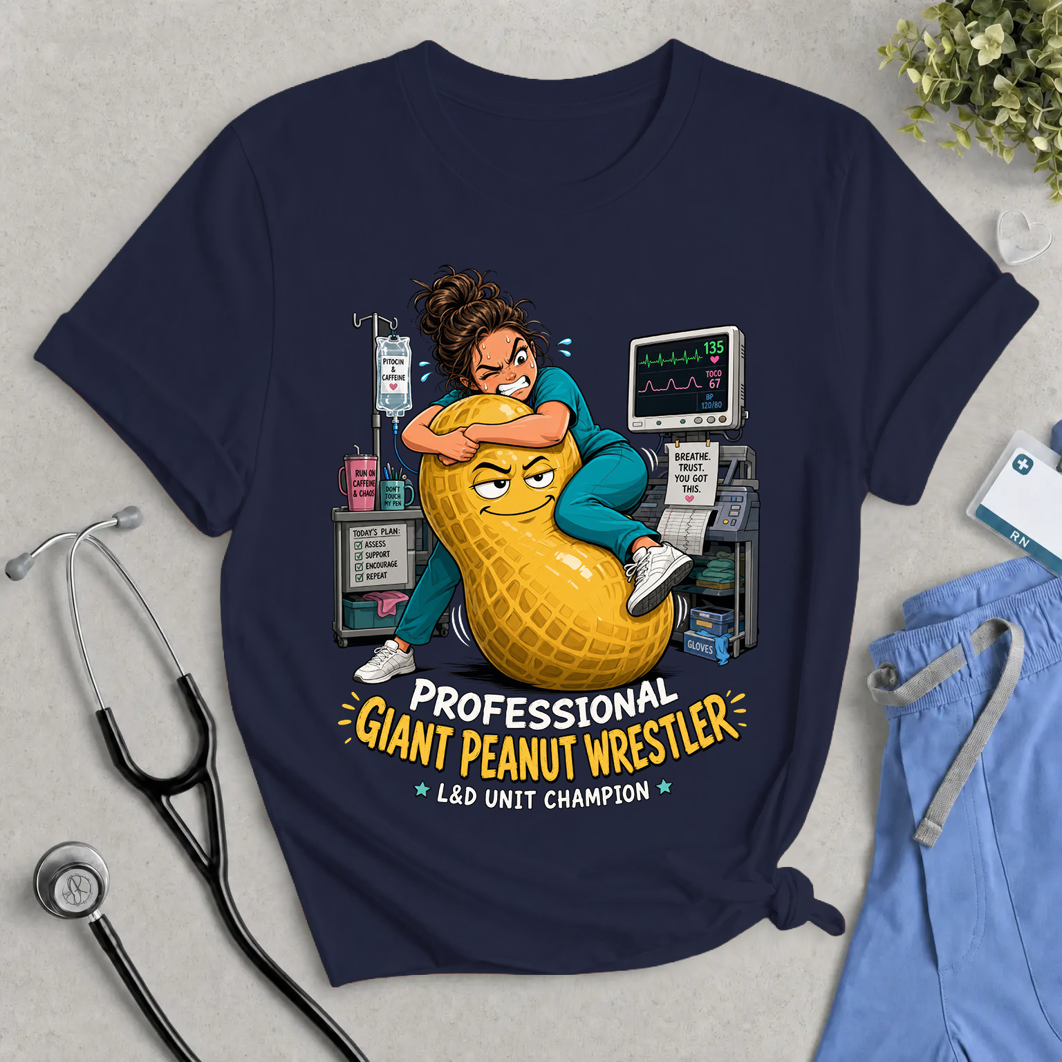 Giant Peanut Wrestler Tee — Funny Nurse & IV Cart Medical Humor Shirt