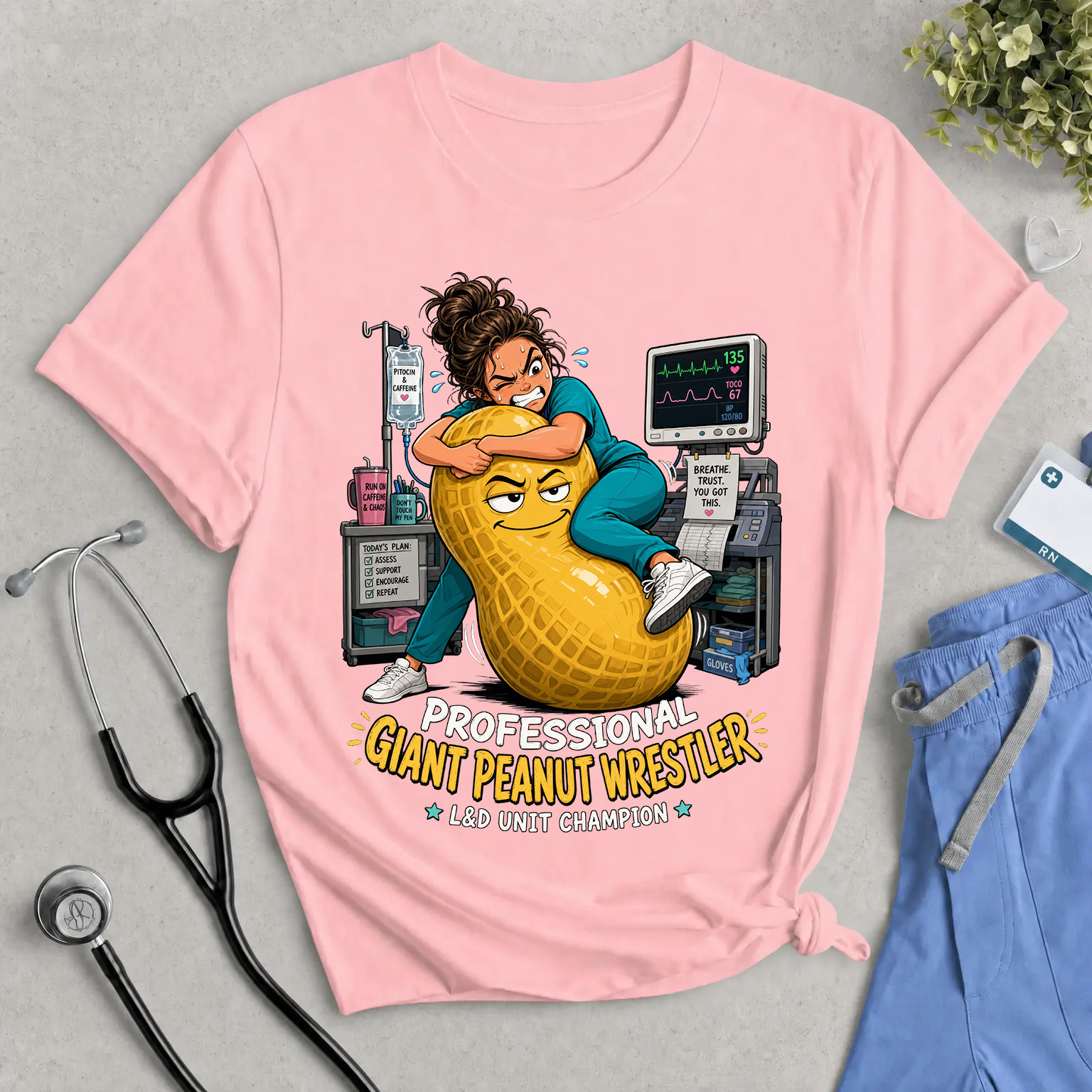 Giant Peanut Wrestler Tee — Funny Nurse & IV Cart Medical Humor Shirt