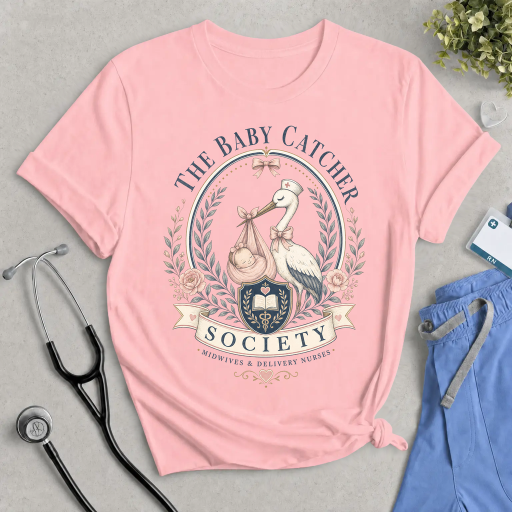 The Baby Catcher Society Tee — Maternity/Delivery Nurse Stork Graphic T-Shirt