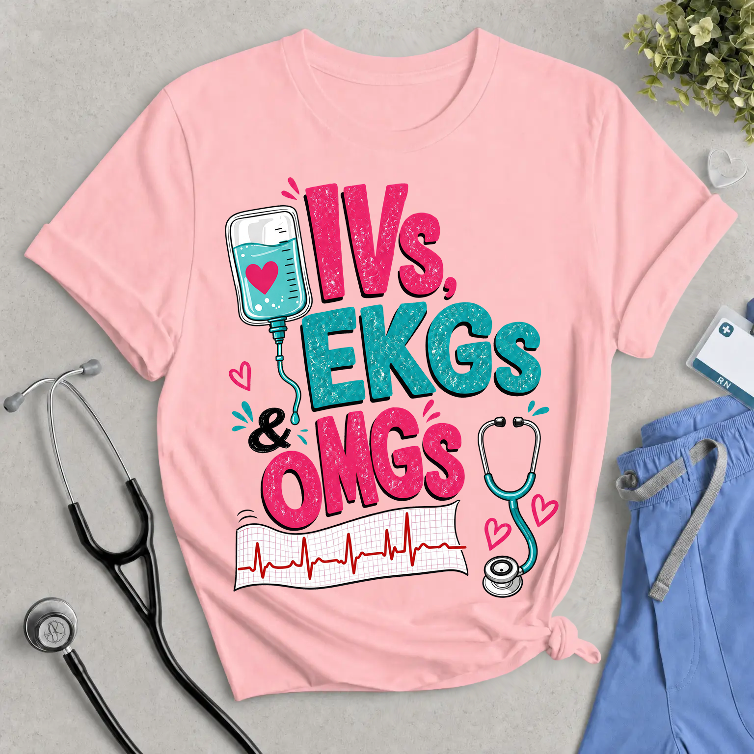 IVs, EKGs & OMGs T-Shirt - Cute & Funny Nurse Life Tee