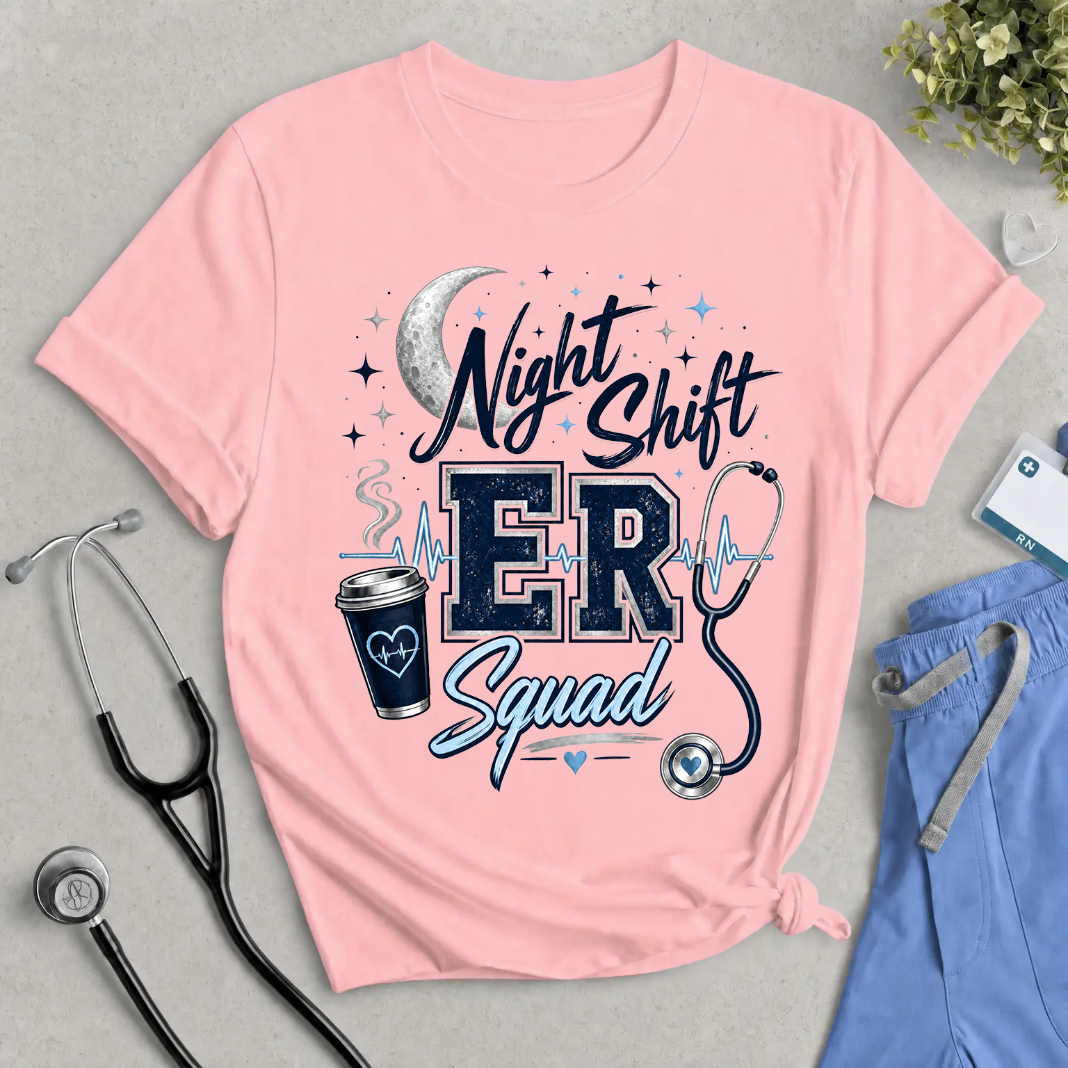 Night Shift ER Squad T-Shirt – Stethoscope & Coffee Nurse/Doctor Tee