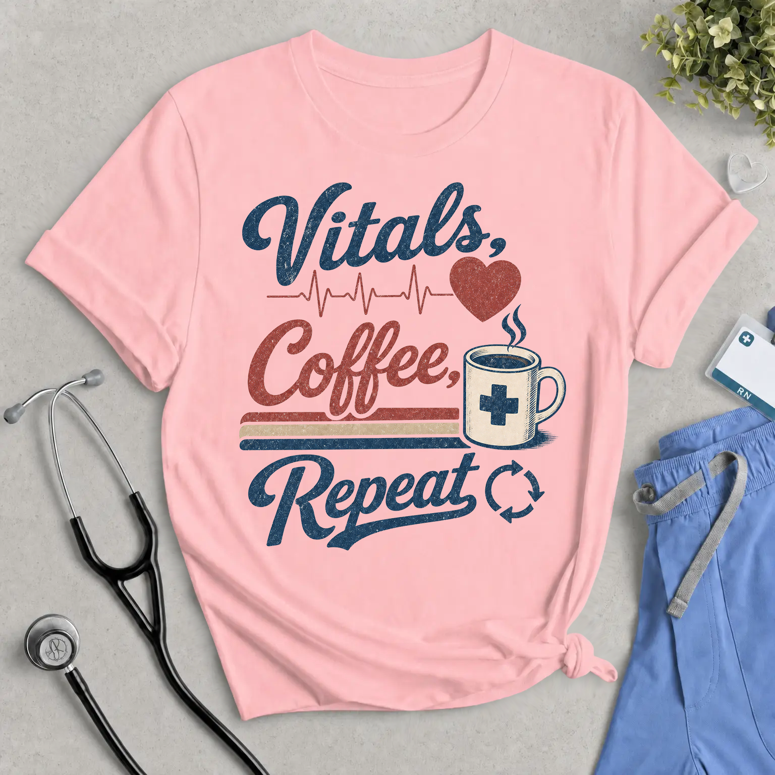 Vitals, Coffee, Repeat T‑Shirt — Nurse & Healthcare Worker Coffee Tee