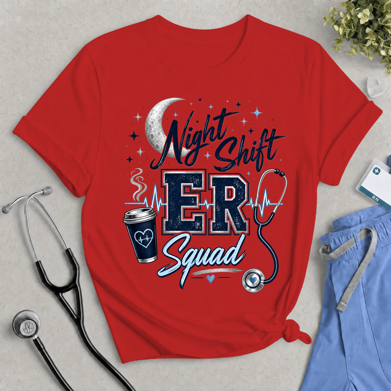 Night Shift ER Squad T-Shirt – Stethoscope & Coffee Nurse/Doctor Tee
