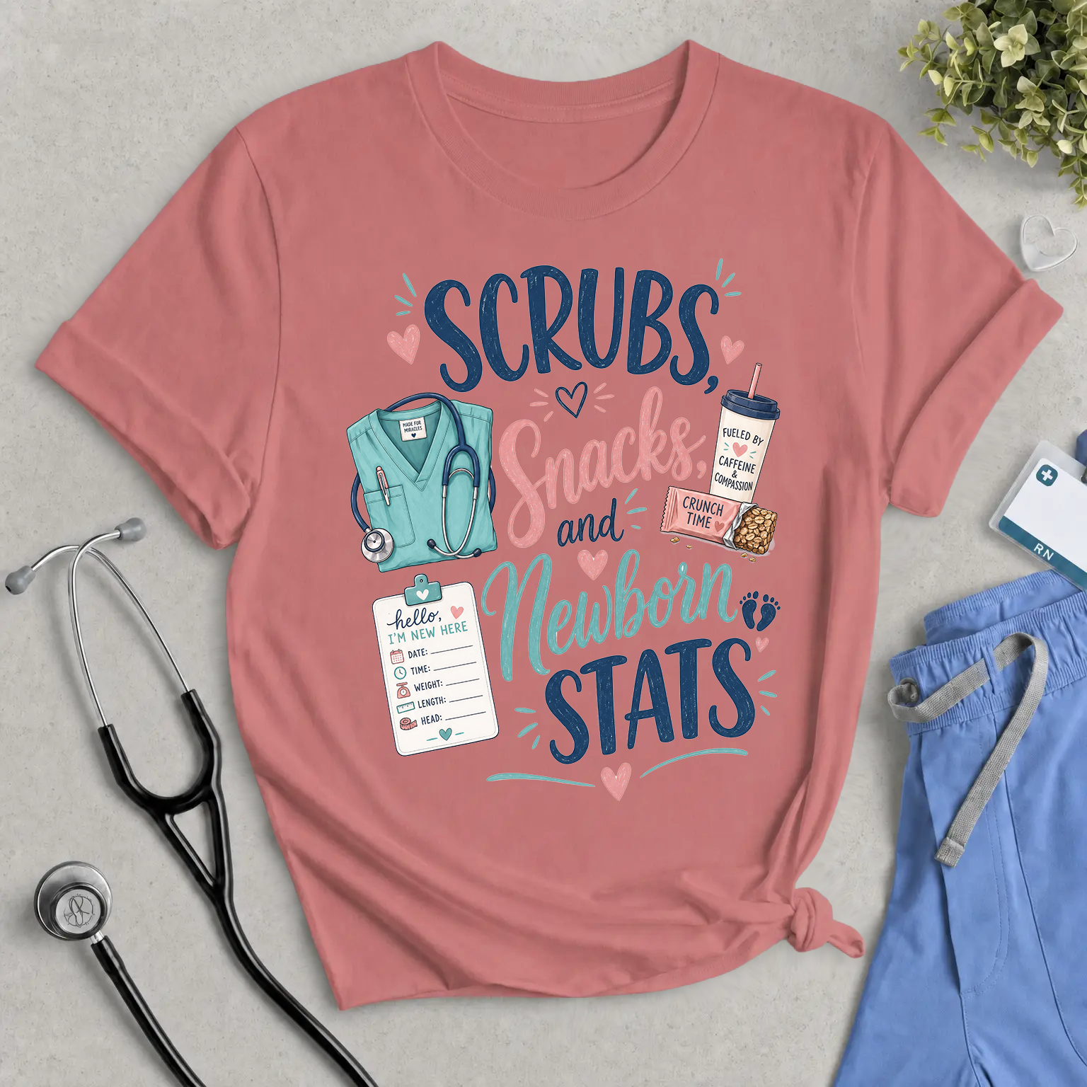 Newborn Nurse Tee — "Scrubs, Snacks and Newborn Stats" Maternity & NICU Nurse Shirt