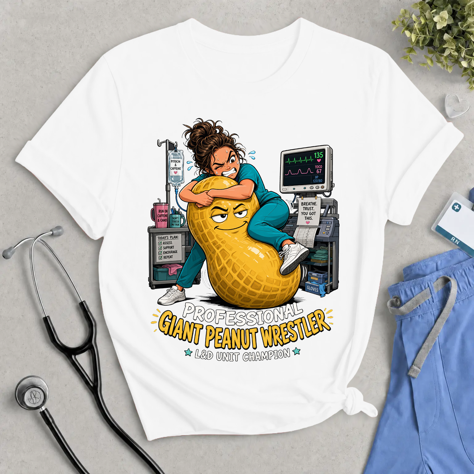 Giant Peanut Wrestler Tee — Funny Nurse & IV Cart Medical Humor Shirt