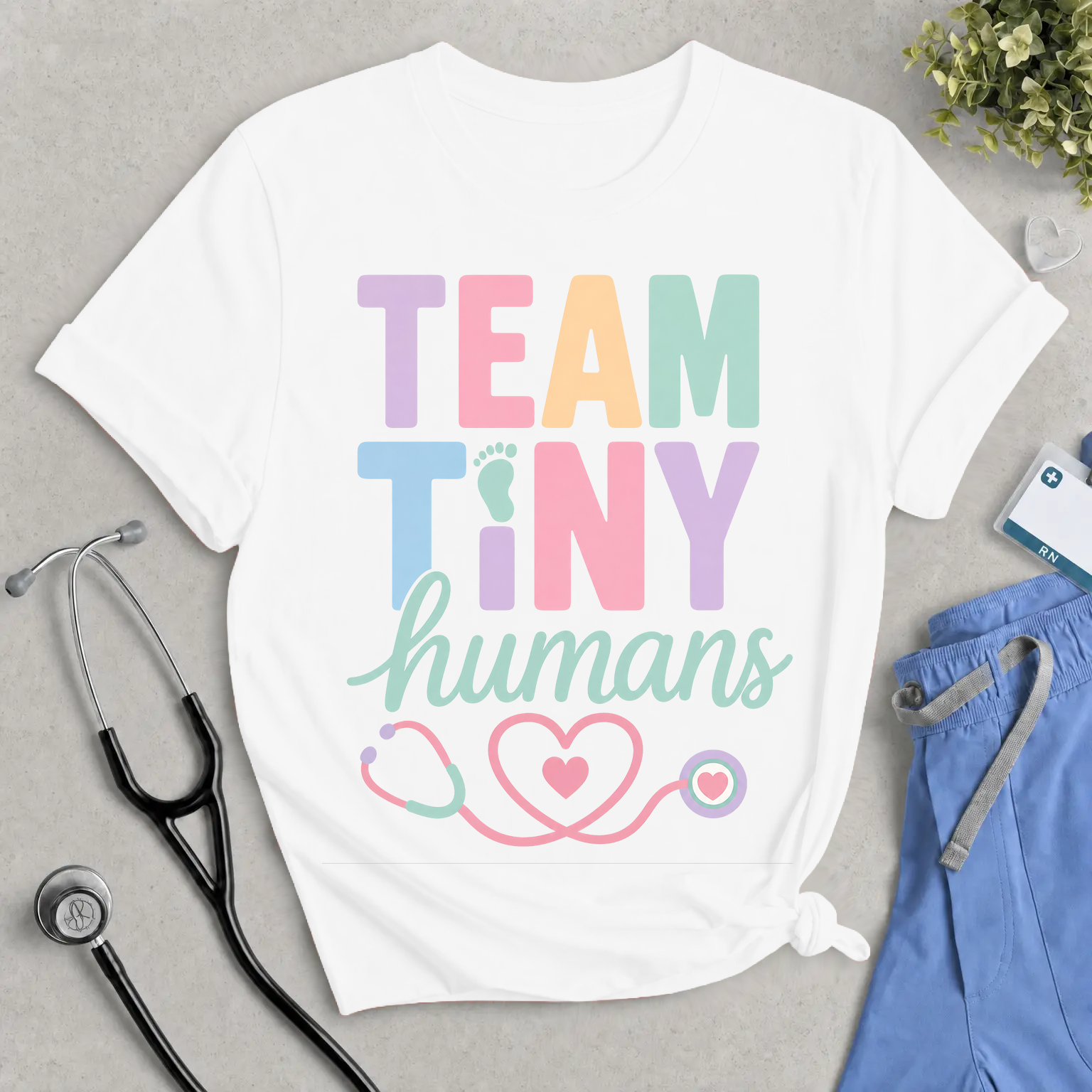 Team Tiny Humans T-Shirt — Pastel Baby Nurse Stethoscope Tee